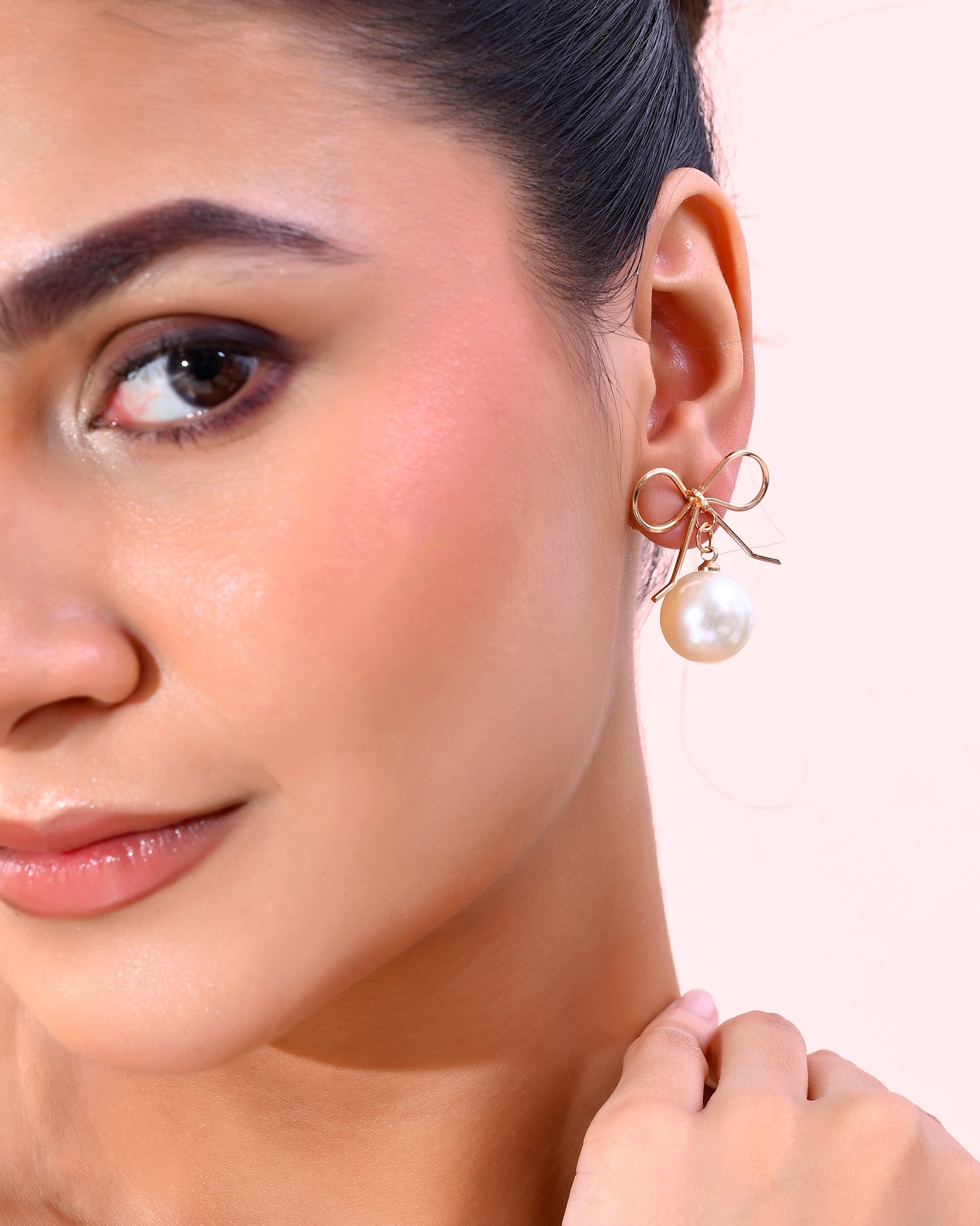 VOJ Gold-Polished Pearl & Bow Shaped Classic Drop Earrings - Swadesiicart