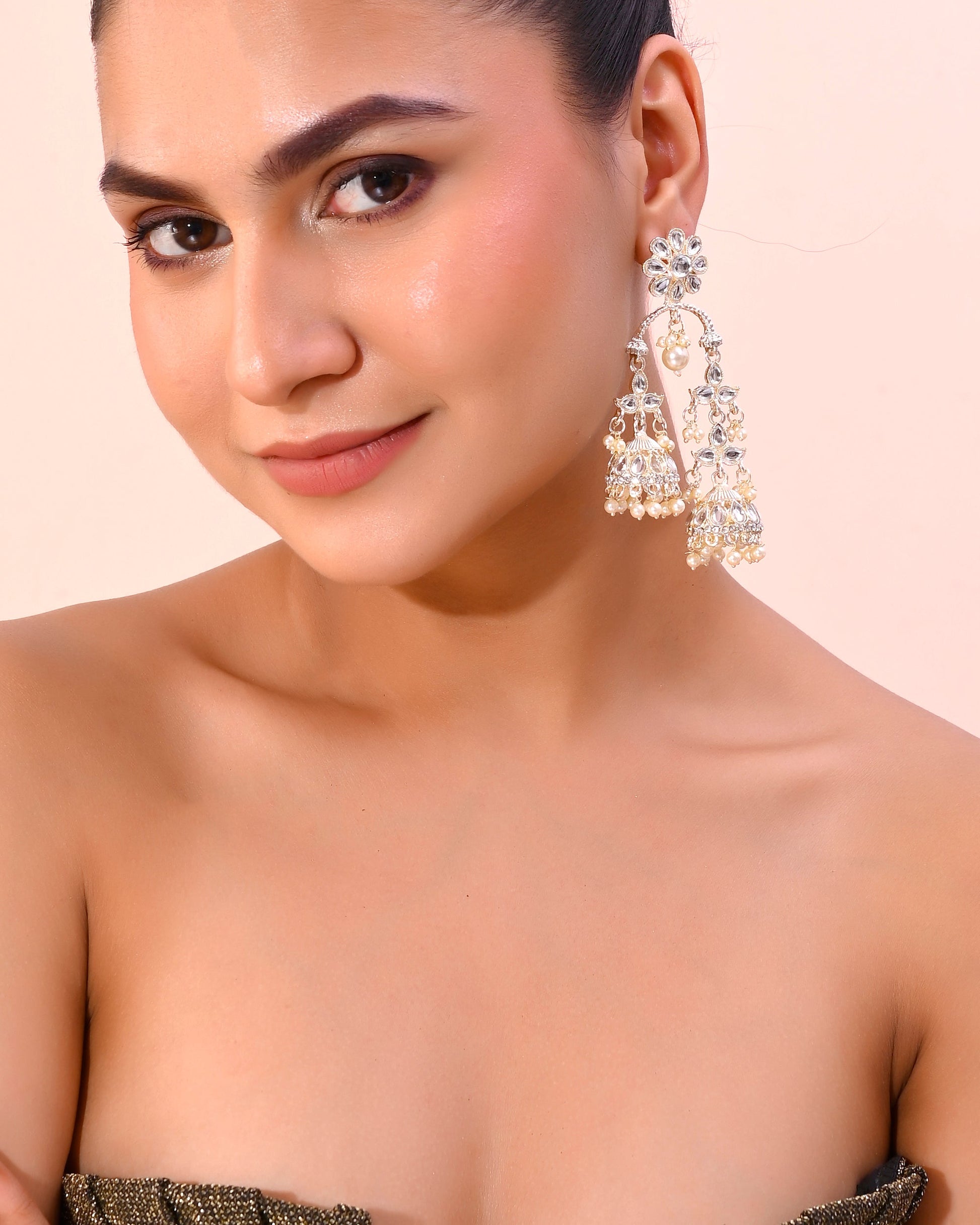VOJ Gold-Polished Kundan Contemporary Up & Down Jhumka Earrings - Swadesiicart