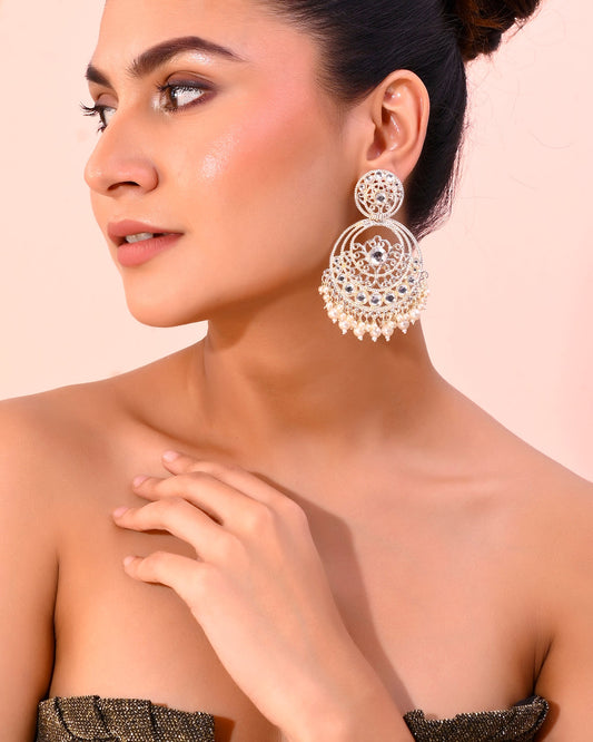 VOJ Gold-Polished Kundan Contemporary Circular Chandbaali Earrings - Swadesiicart