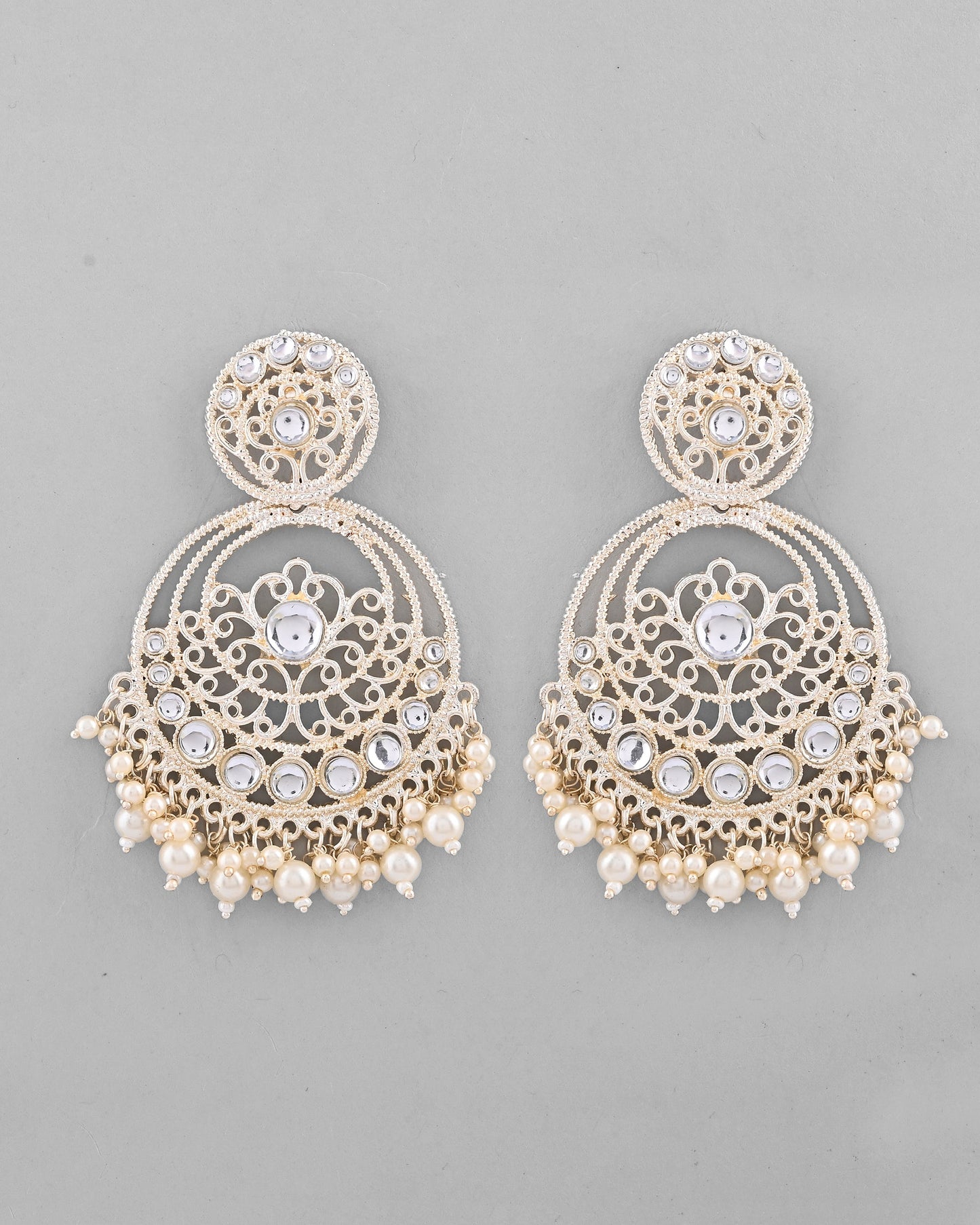 VOJ Gold-Polished Kundan Contemporary Circular Chandbaali Earrings - Swadesiicart