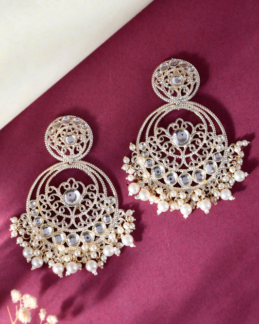 VOJ Gold-Polished Kundan Contemporary Circular Chandbaali Earrings - Swadesiicart