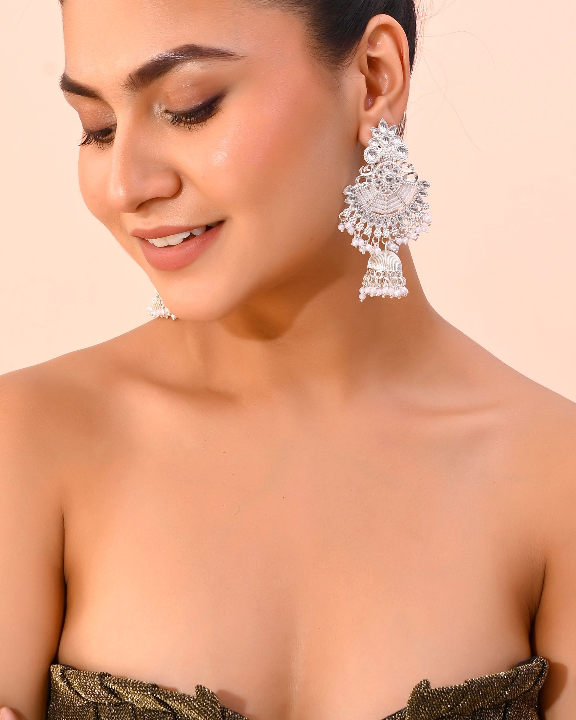 VOJ Silver plated Kundan Contemporary Jhumka Earrings - Swadesiicart