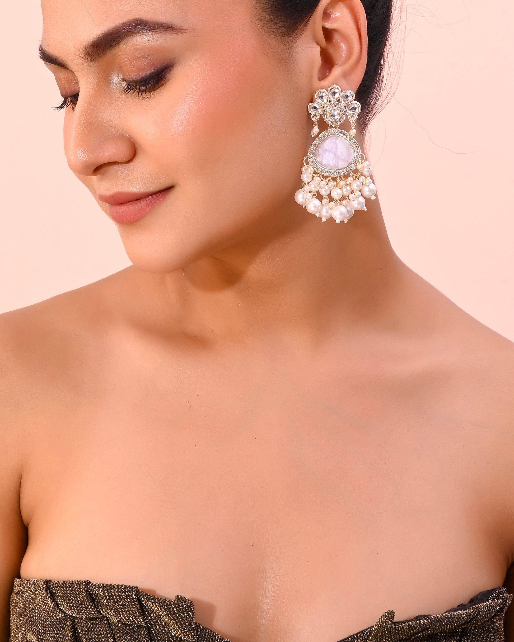 VOJ Gold-Toned Kundan Studded Contemporary Oxidised Drop Earrings - Swadesiicart