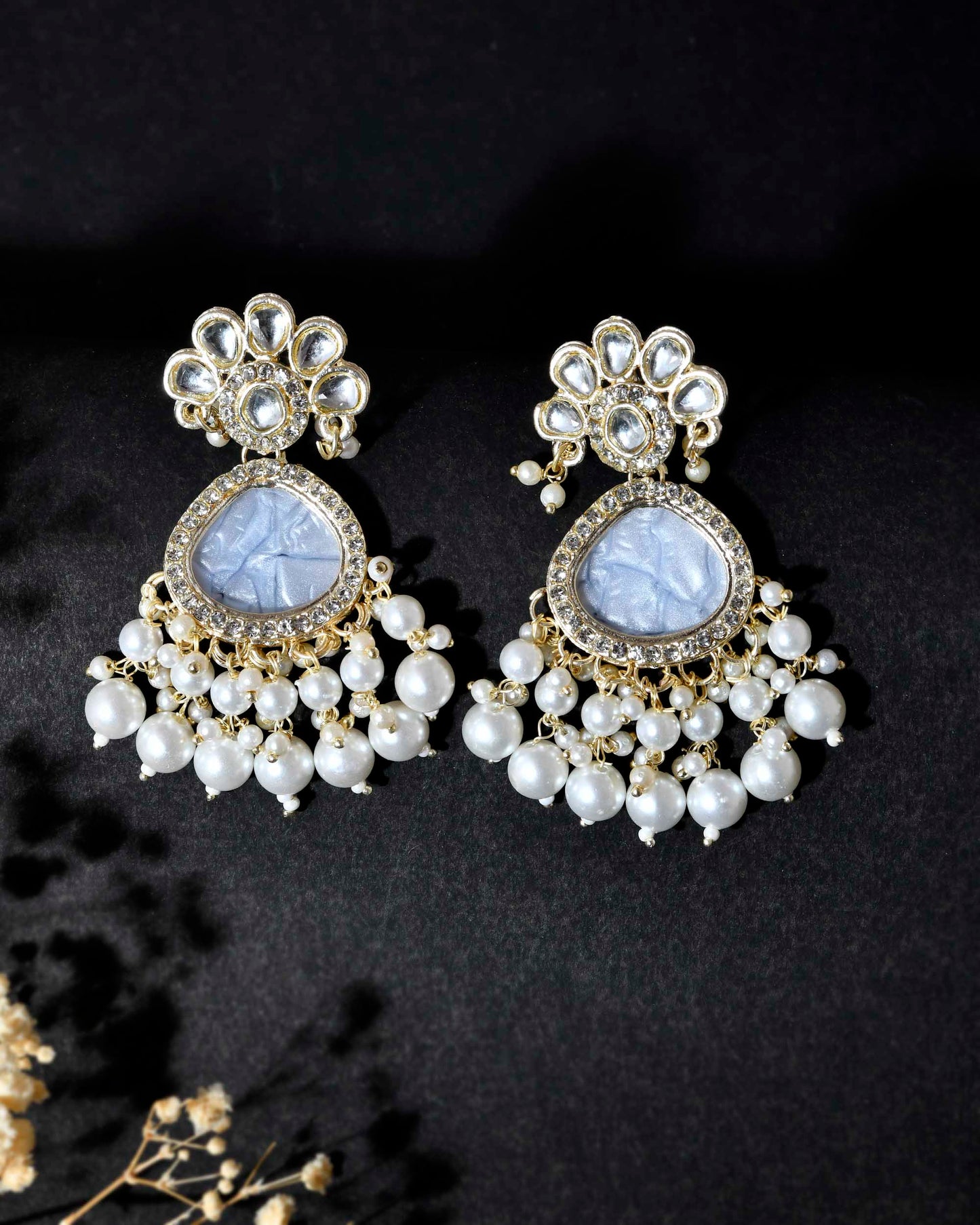 VOJ Gold-Toned Kundan Studded Contemporary Oxidised Drop Earrings - Swadesiicart