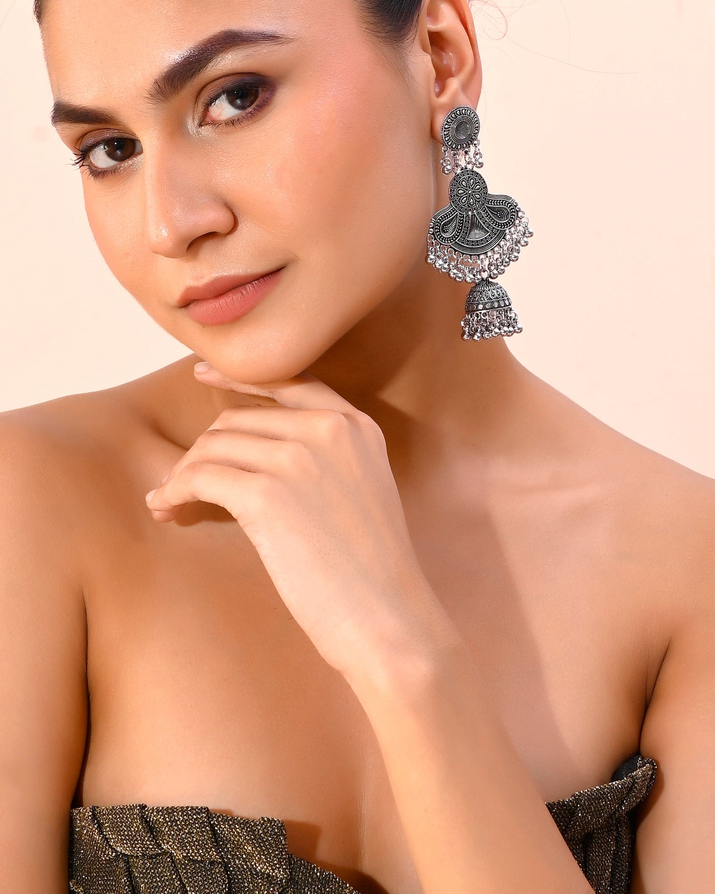 VOJ Silver plated Oxidized Contemporary Jhumka Earrings - Swadesiicart