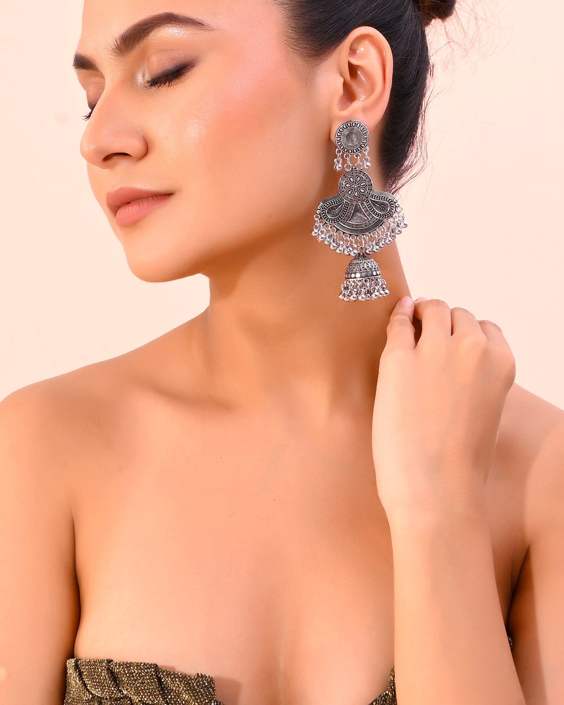 VOJ Silver plated Oxidized Contemporary Jhumka Earrings - Swadesiicart