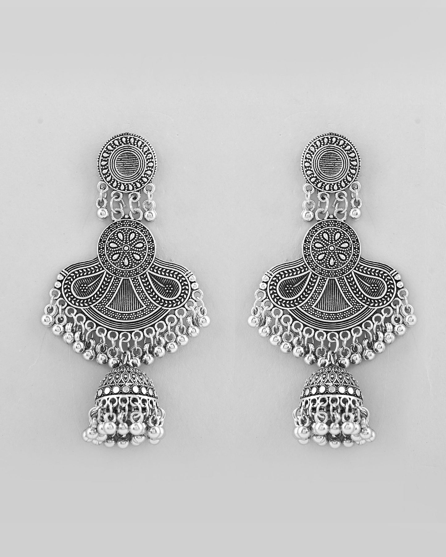 VOJ Silver plated Oxidized Contemporary Jhumka Earrings - Swadesiicart