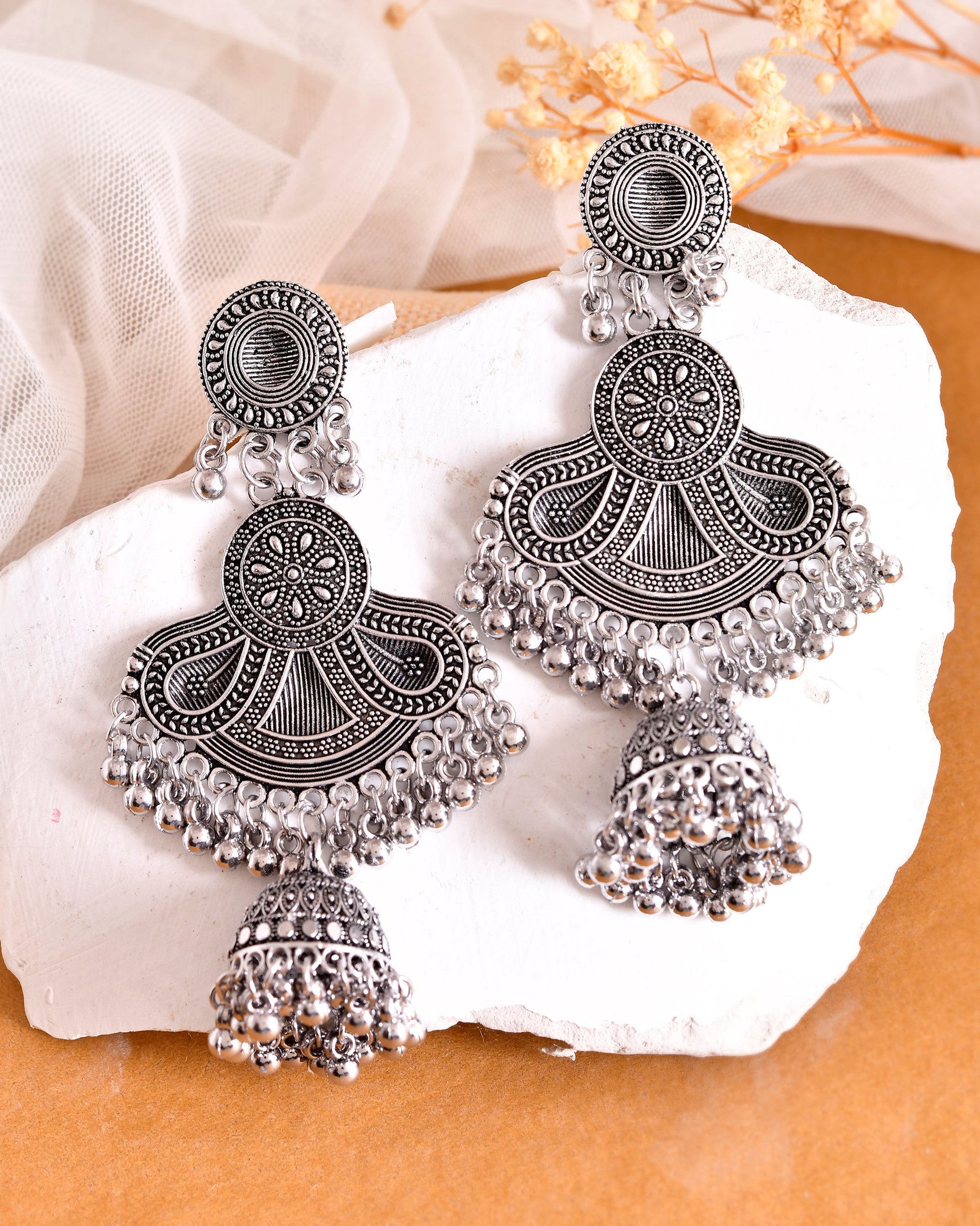 VOJ Silver plated Oxidized Contemporary Jhumka Earrings - Swadesiicart