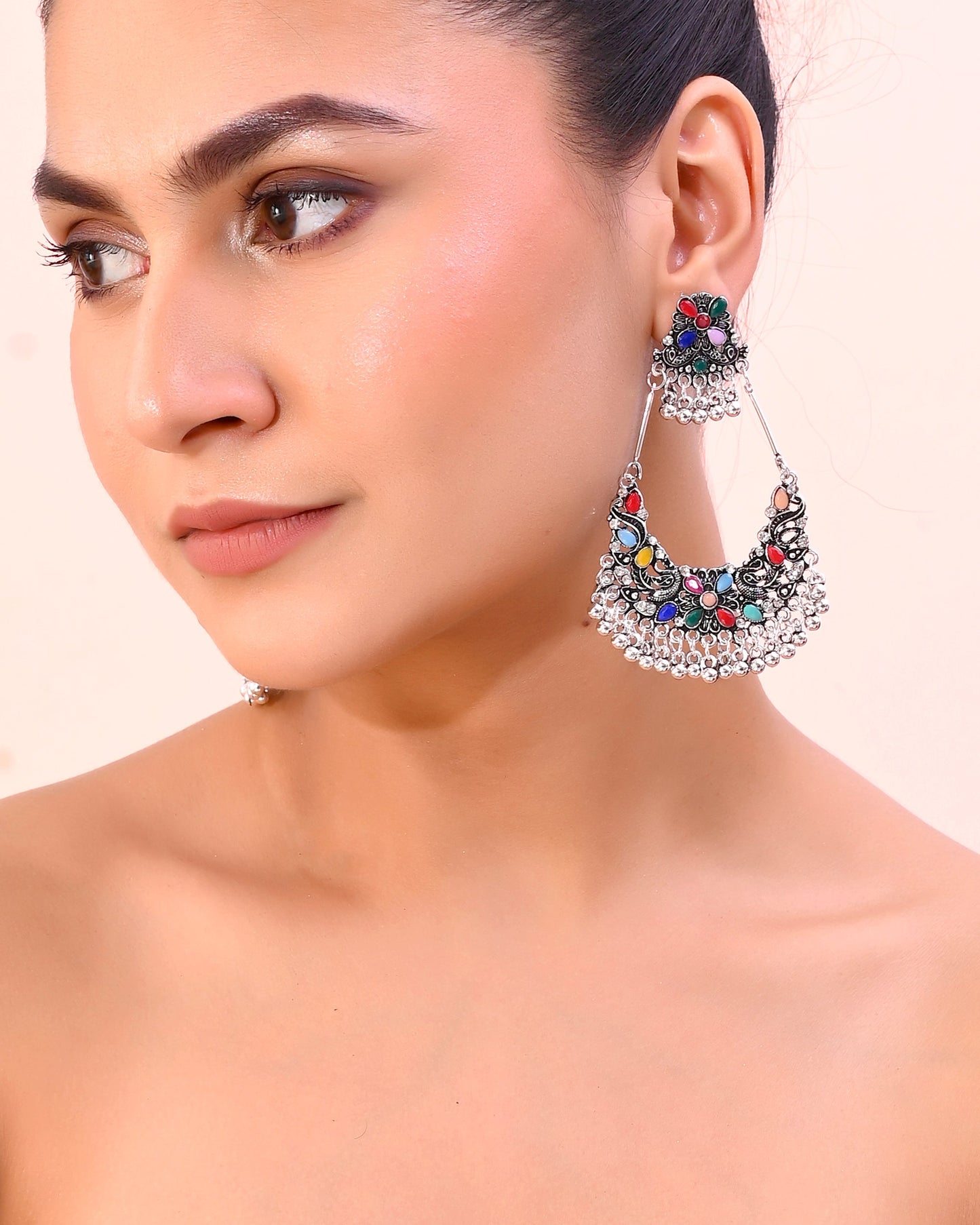 VOJ Silver plated Multi Colour Peacock Oxidized Contemporary Earrings - Swadesiicart