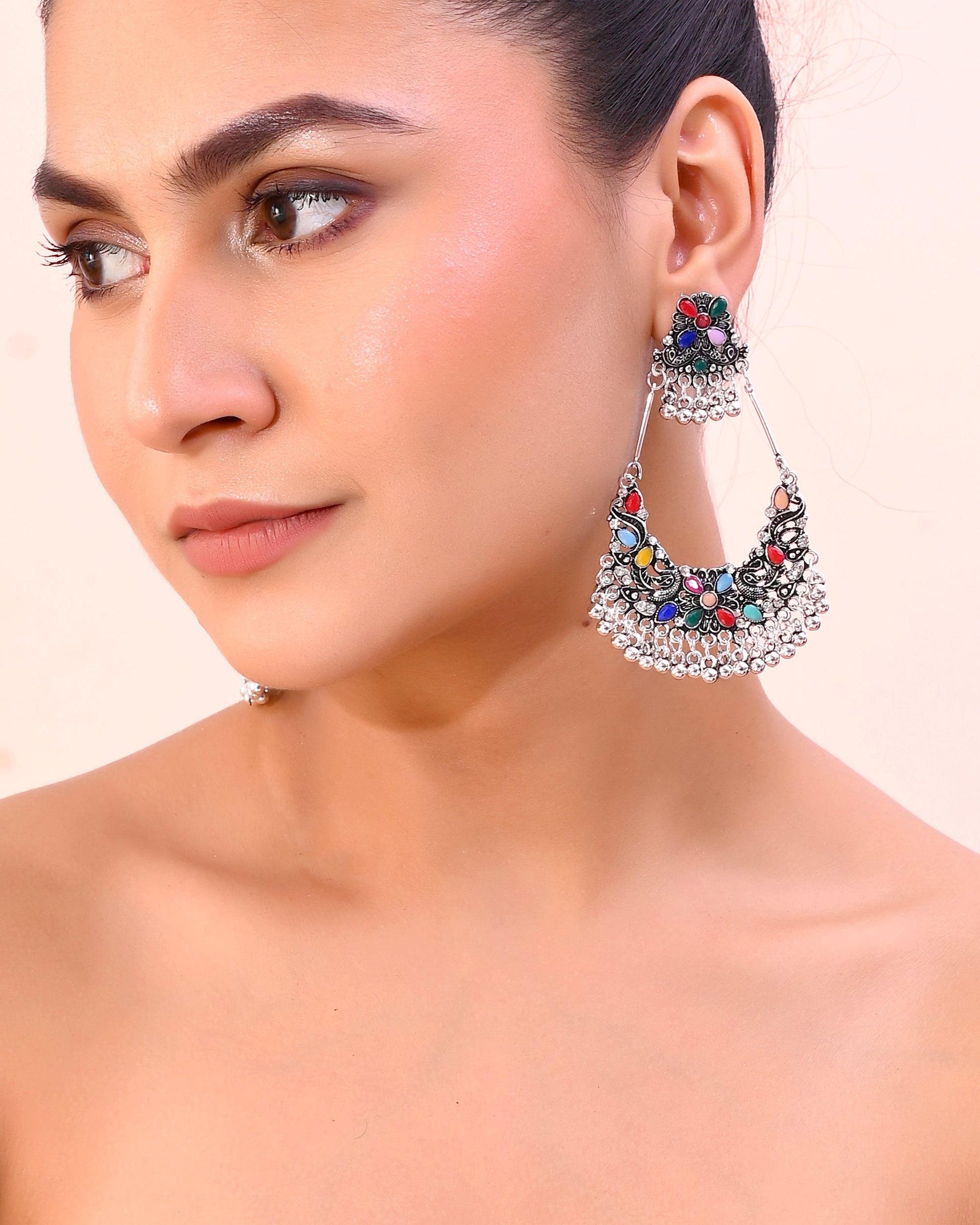 VOJ Silver plated Multi Colour Peacock Oxidized Contemporary Earrings - Swadesiicart