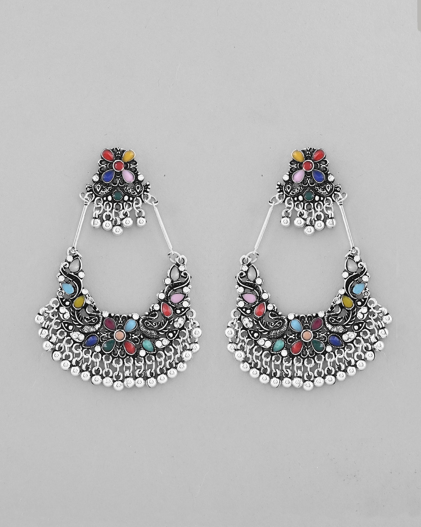VOJ Silver plated Multi Colour Peacock Oxidized Contemporary Earrings - Swadesiicart
