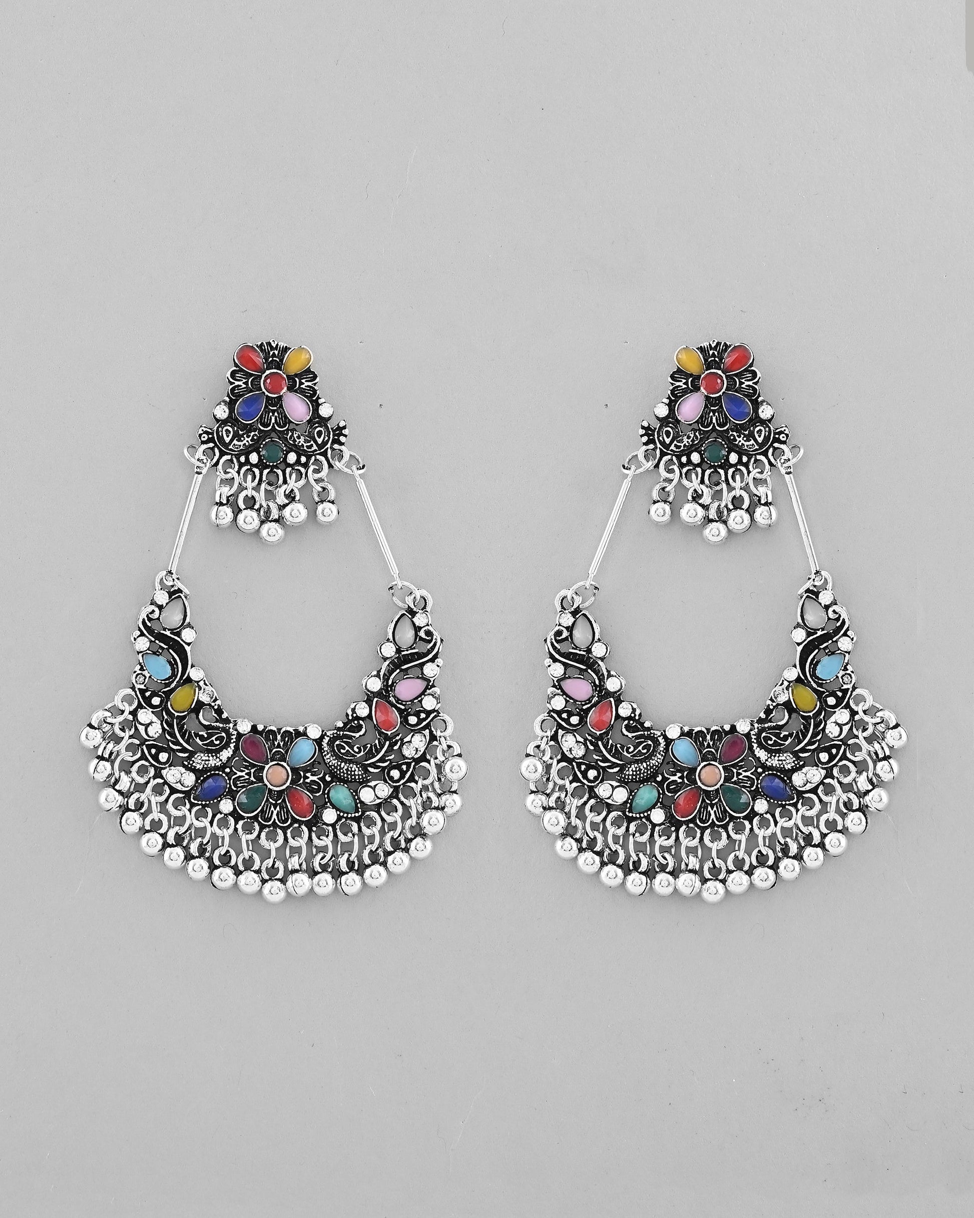 VOJ Silver plated Multi Colour Peacock Oxidized Contemporary Earrings - Swadesiicart