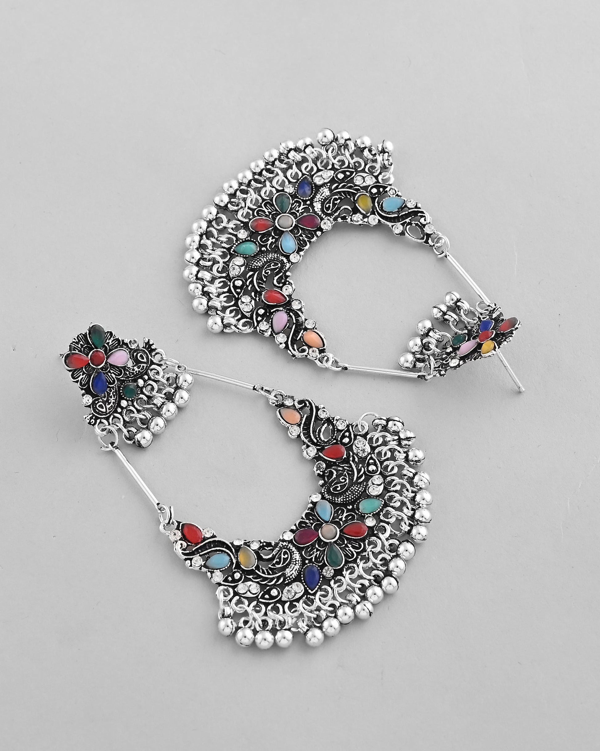 VOJ Silver plated Multi Colour Peacock Oxidized Contemporary Earrings - Swadesiicart