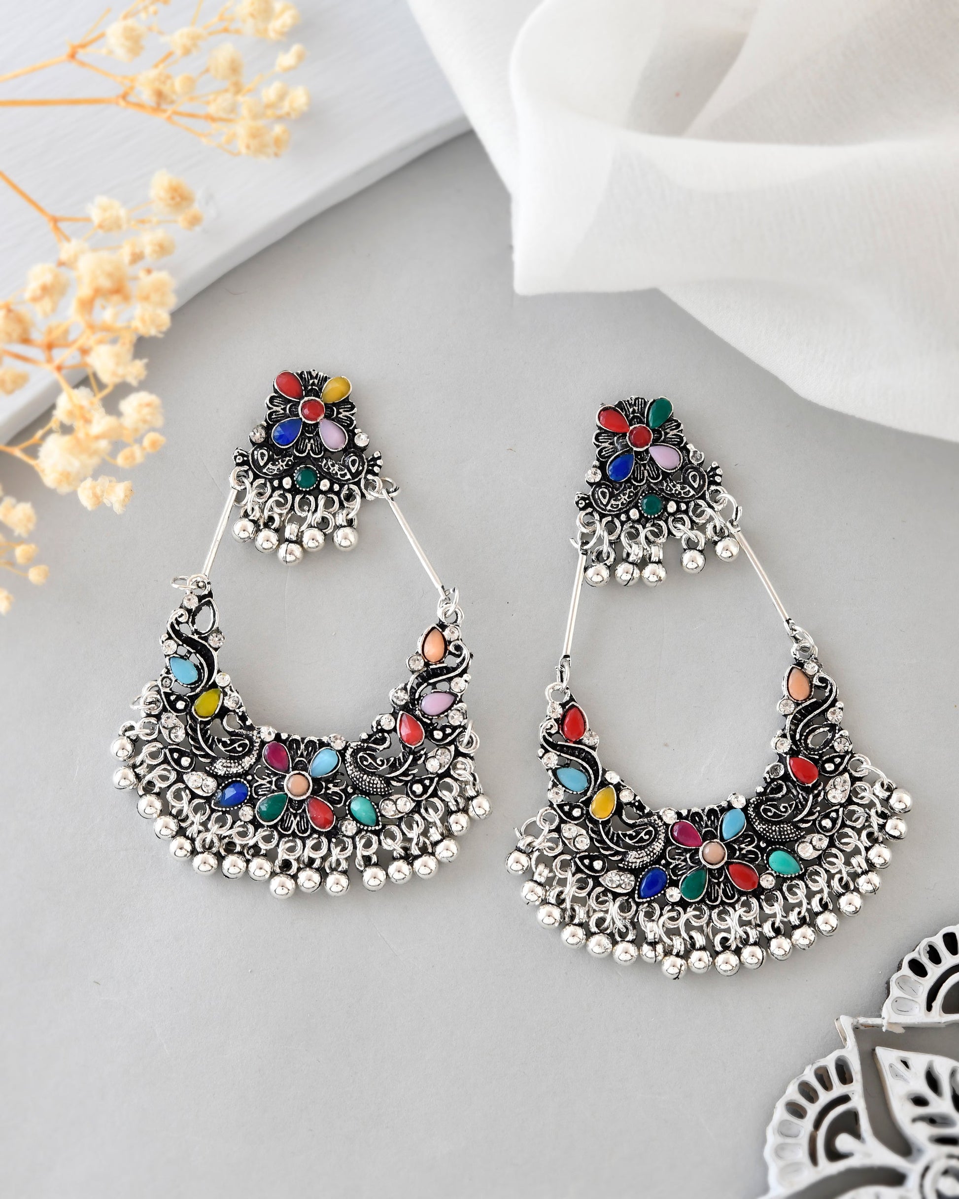 VOJ Silver plated Multi Colour Peacock Oxidized Contemporary Earrings - Swadesiicart