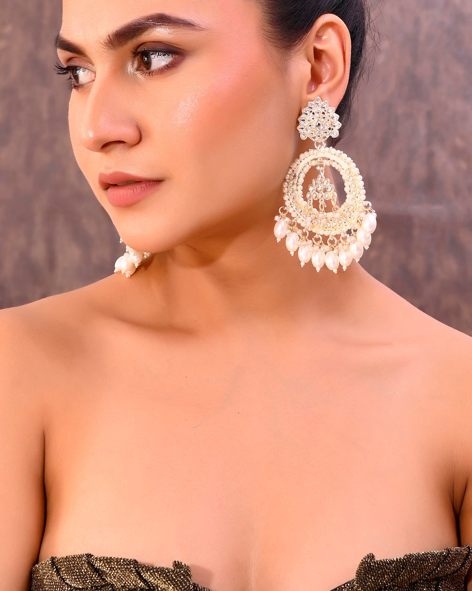 VOJ Gold-Polished Kundan Studded White ChandBali Earrings - Swadesiicart