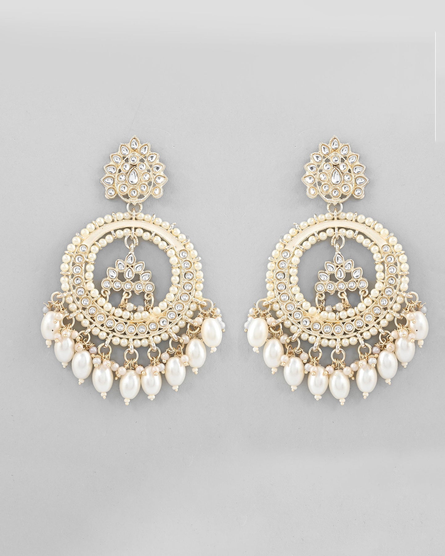 VOJ Gold-Polished Kundan Studded White ChandBali Earrings - Swadesiicart