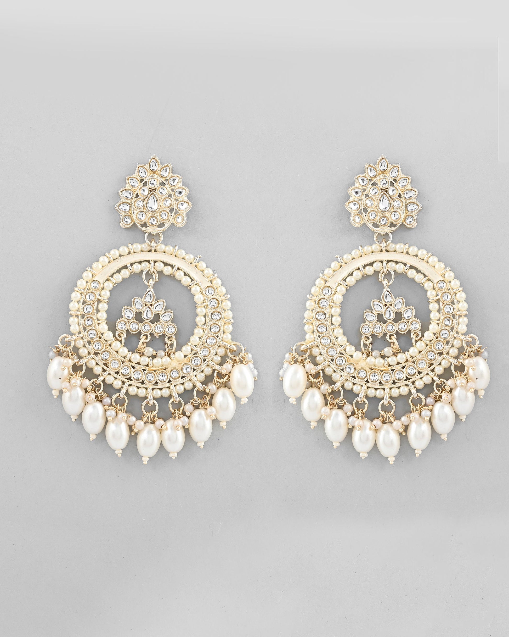 VOJ Gold-Polished Kundan Studded White ChandBali Earrings - Swadesiicart