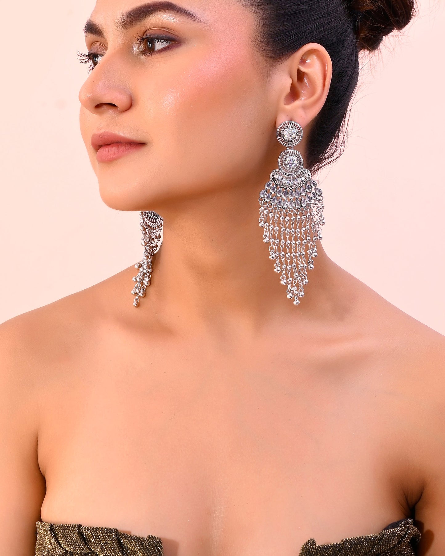 VOJ Silver-Plated Ghungroo Oxidized Drop Long Earrings - Swadesiicart