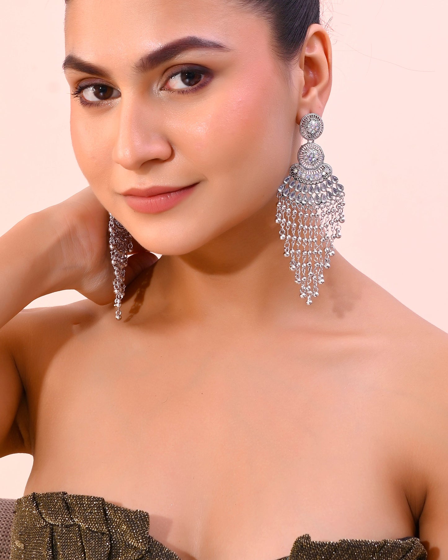 VOJ Silver-Plated Ghungroo Oxidized Drop Long Earrings - Swadesiicart