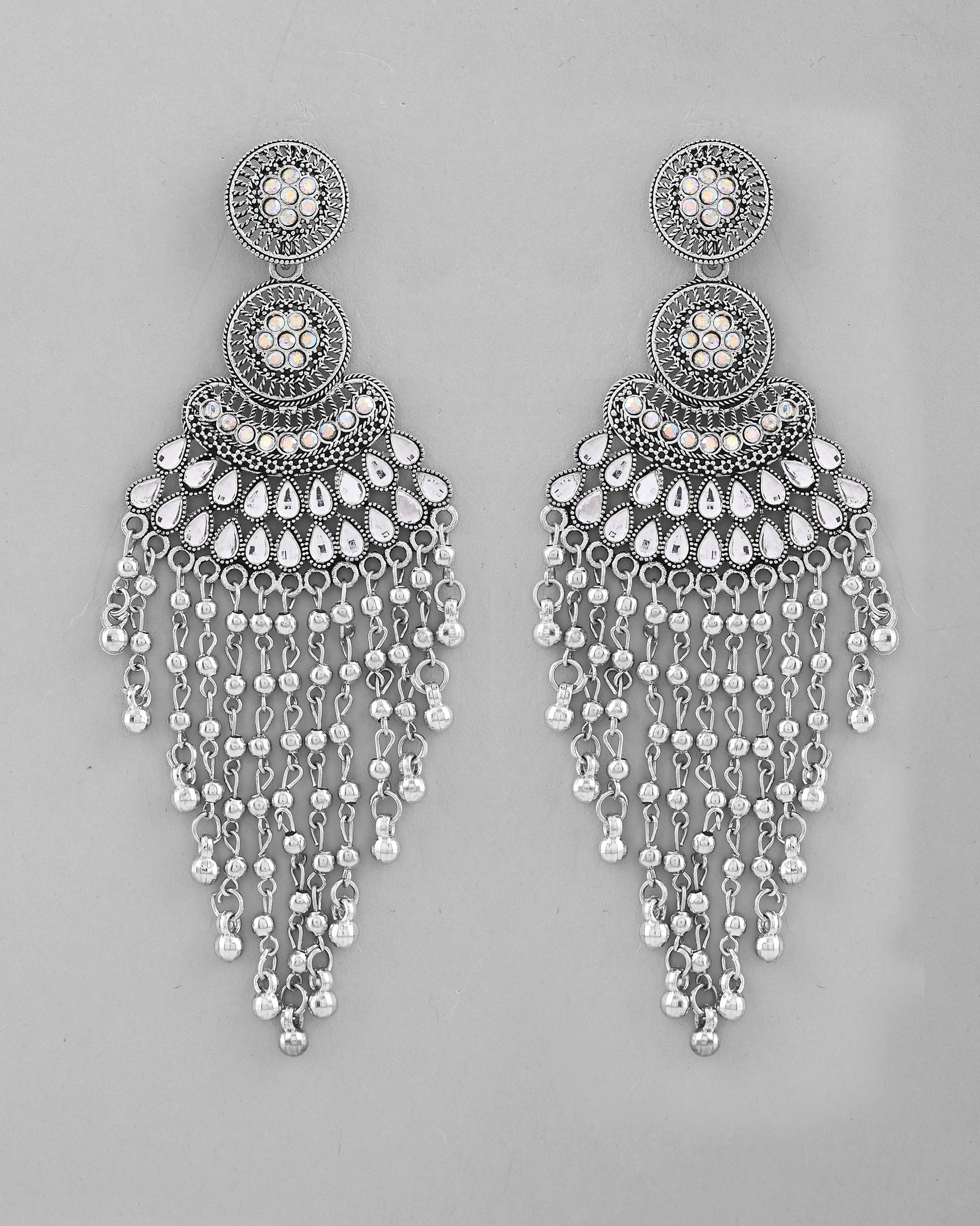 VOJ Silver-Plated Ghungroo Oxidized Drop Long Earrings - Swadesiicart