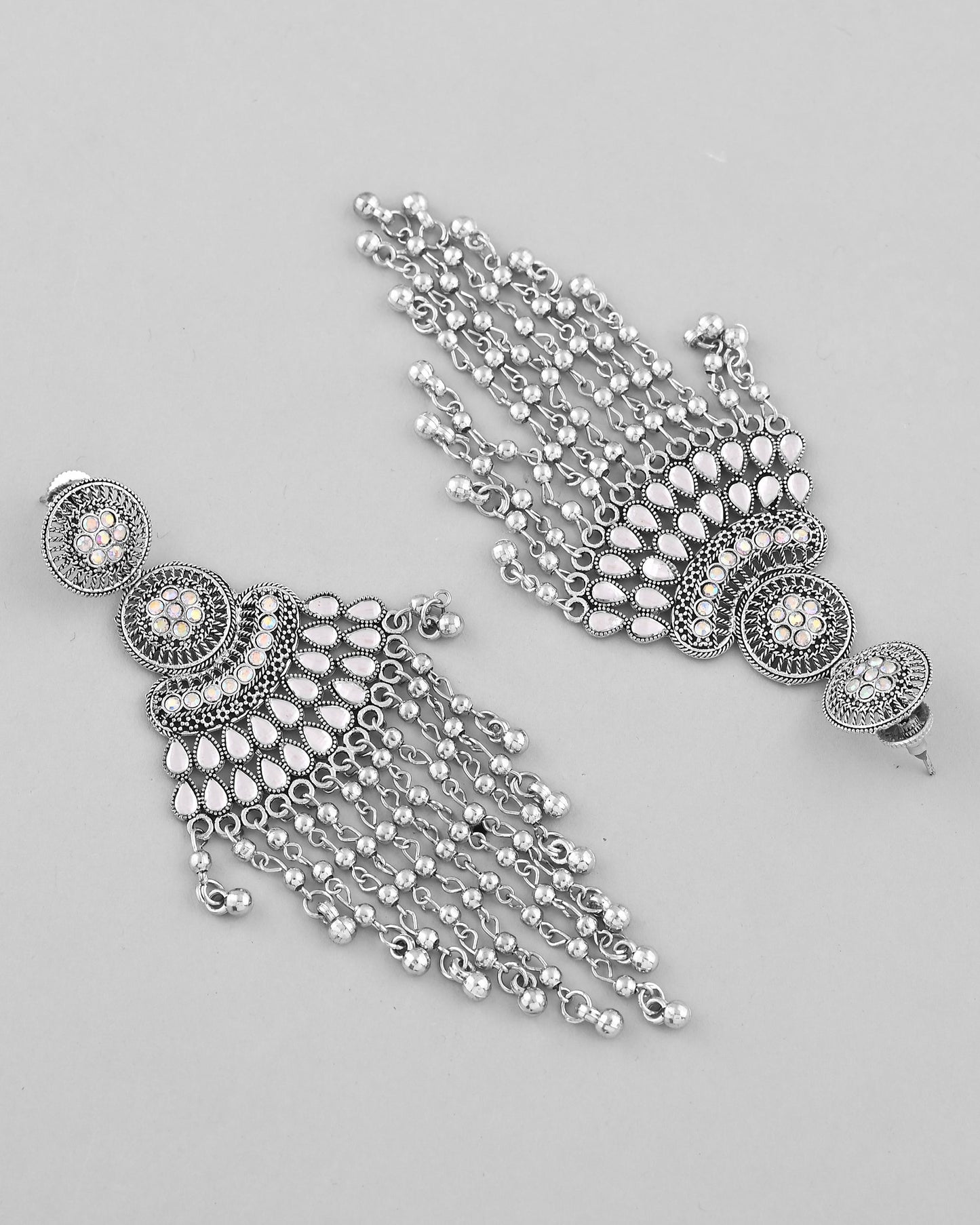 VOJ Silver-Plated Ghungroo Oxidized Drop Long Earrings - Swadesiicart