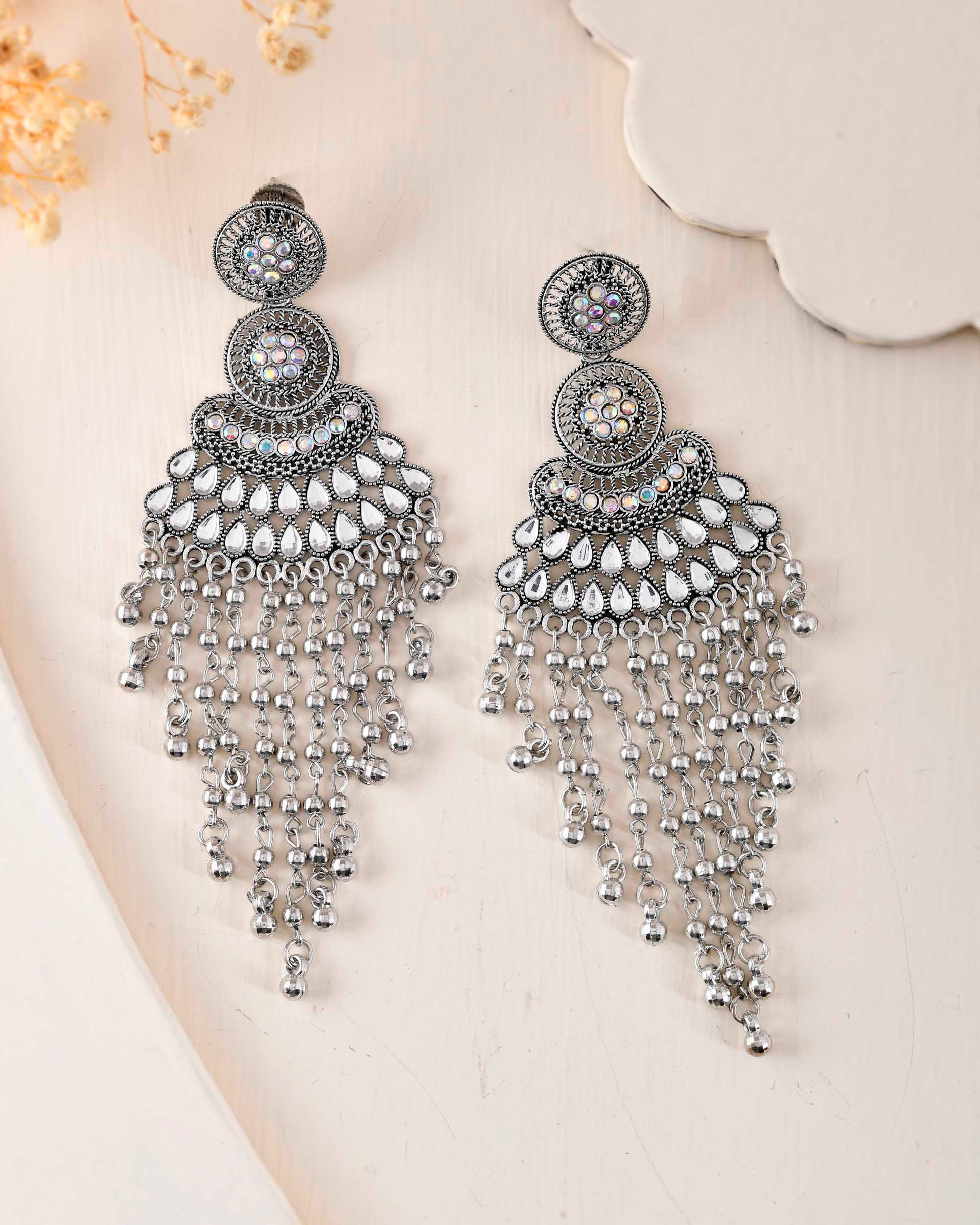 VOJ Silver-Plated Ghungroo Oxidized Drop Long Earrings - Swadesiicart