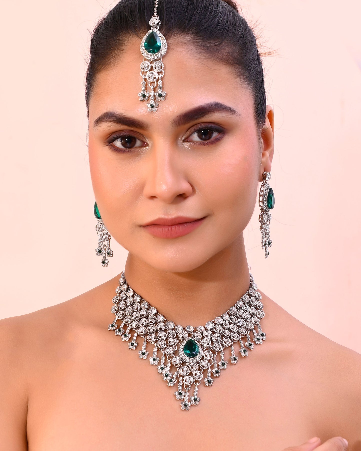 VOJ Silver Plated CZ-Stone Studded With Green Stone Choker Set With Mangtikka | Swadesiicart
