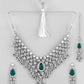 VOJ Silver Plated CZ-Stone Studded With Green Stone Choker Set With Mangtikka | Swadesiicart
