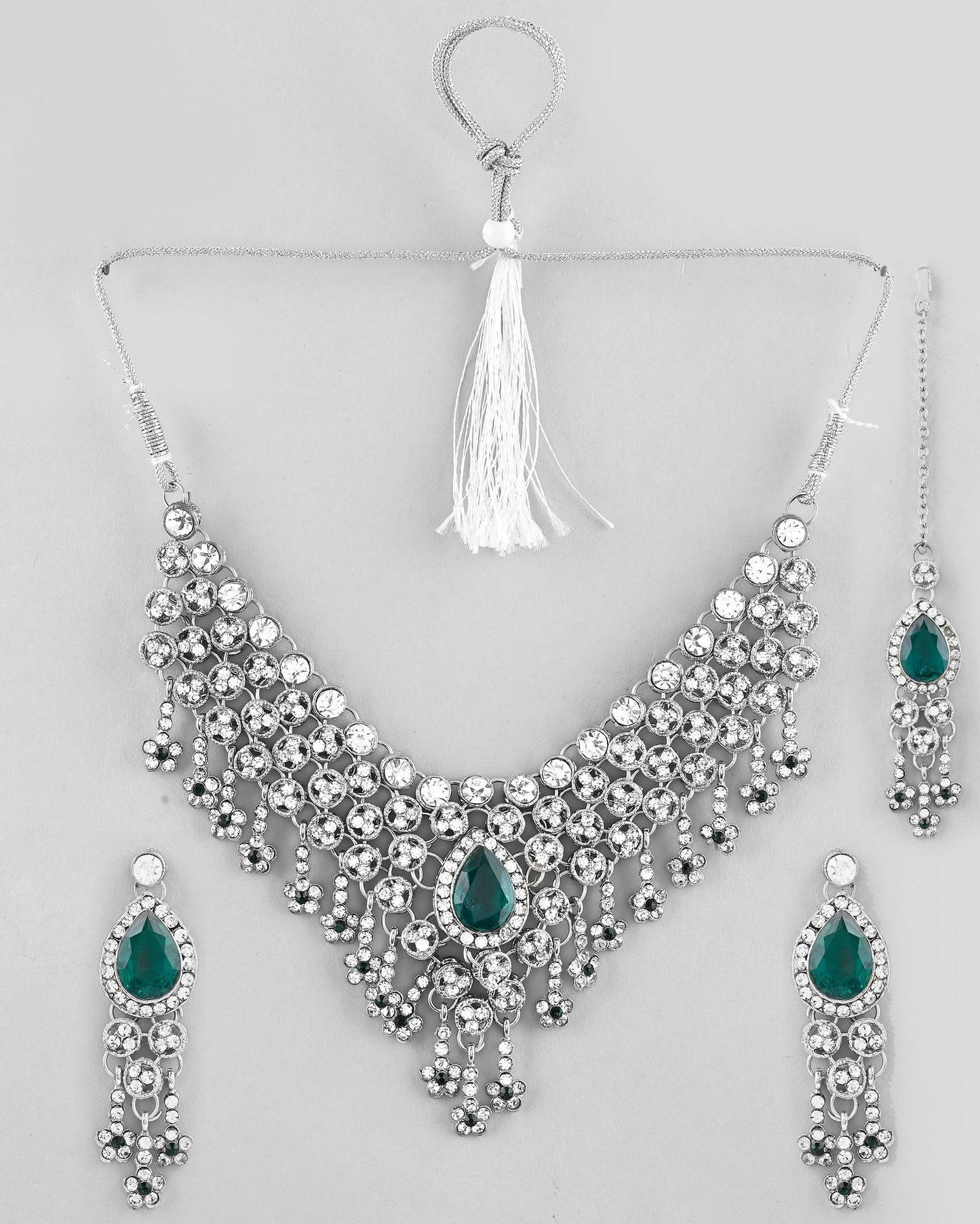 VOJ Silver Plated CZ-Stone Studded With Green Stone Choker Set With Mangtikka | Swadesiicart