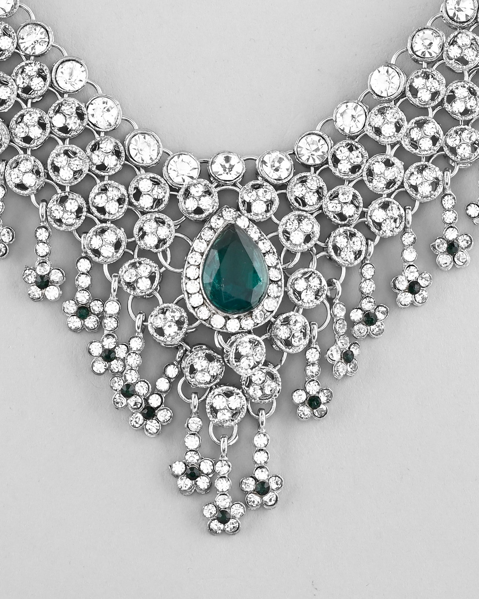 VOJ Silver Plated CZ-Stone Studded With Green Stone Choker Set With Mangtikka | Swadesiicart