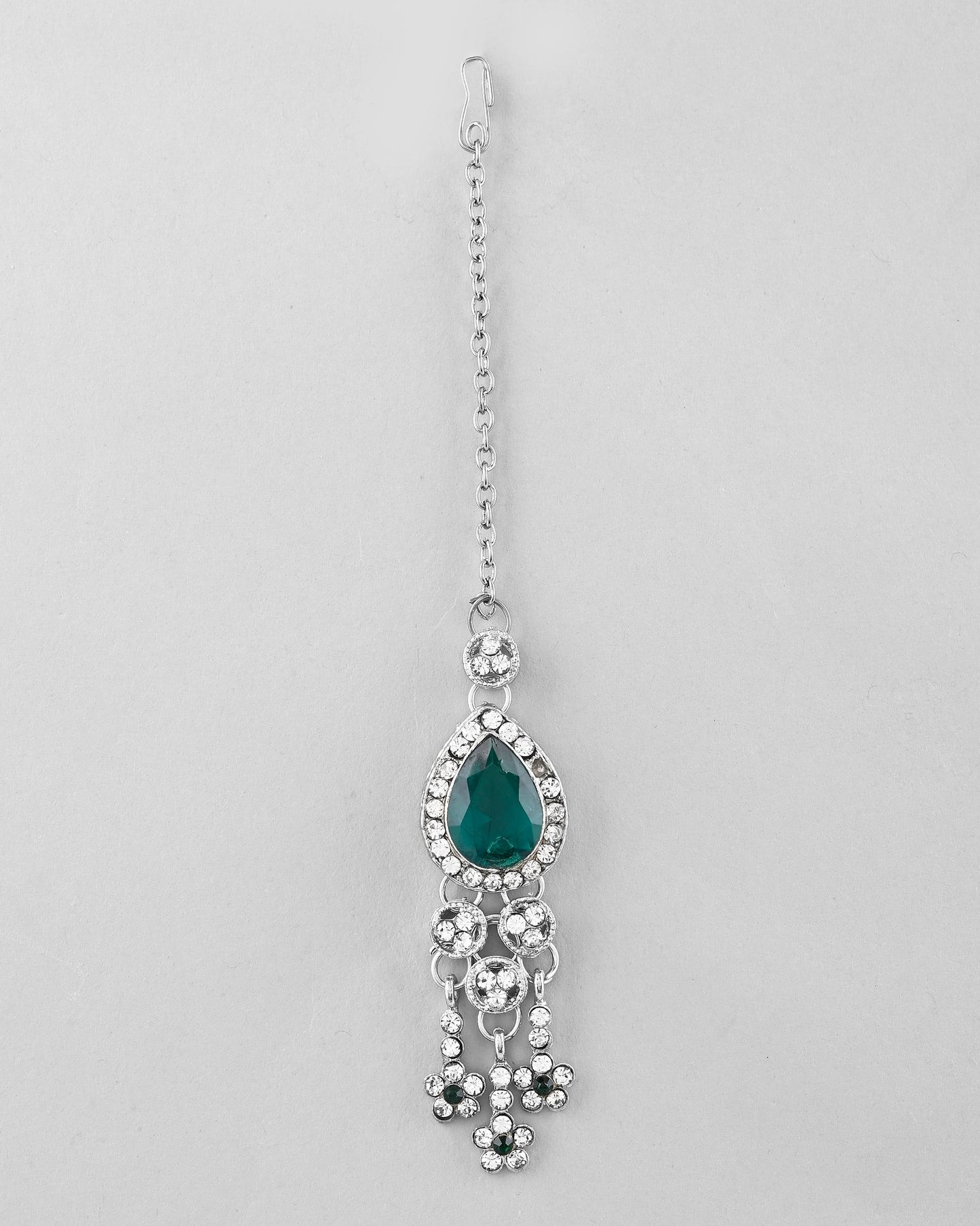 VOJ Silver Plated CZ-Stone Studded With Green Stone Choker Set With Mangtikka | Swadesiicart
