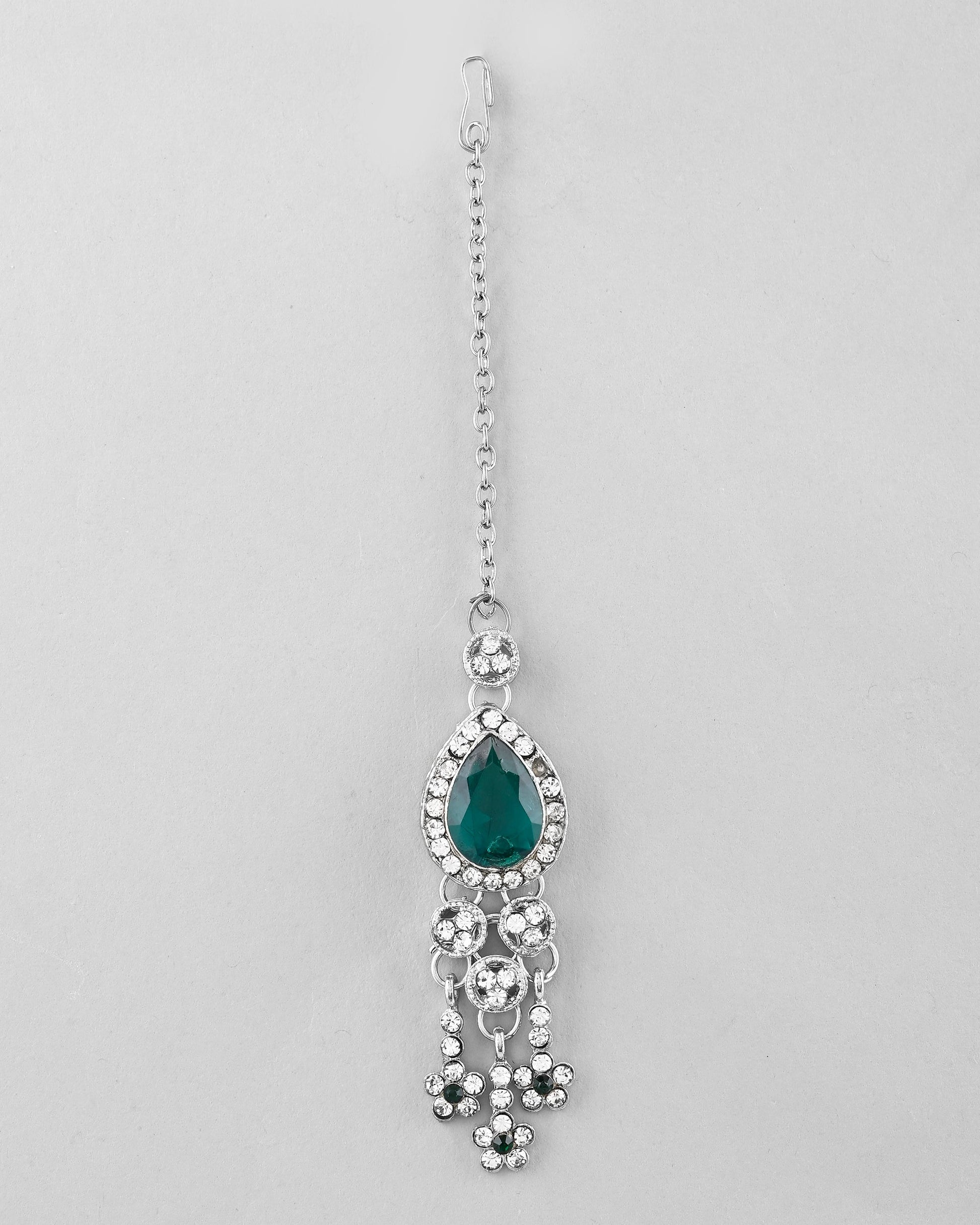 VOJ Silver Plated CZ-Stone Studded With Green Stone Choker Set With Mangtikka | Swadesiicart