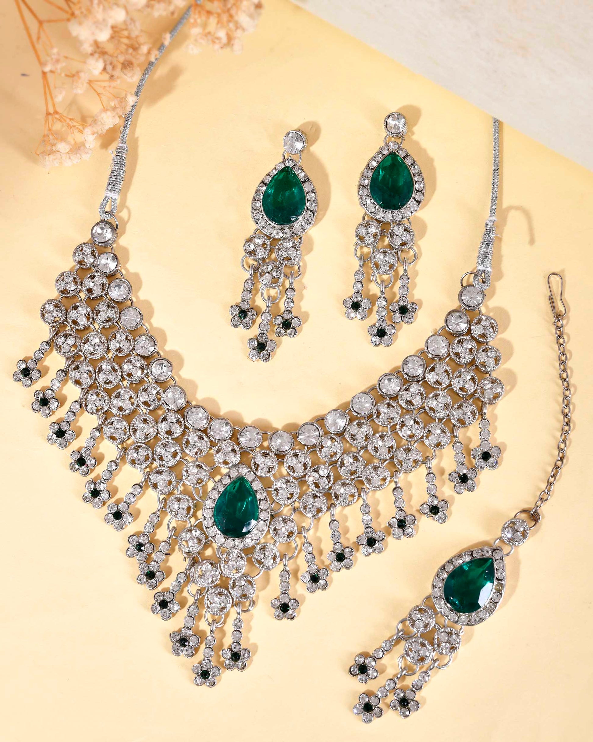 VOJ Silver Plated CZ-Stone Studded With Green Stone Choker Set With Mangtikka | Swadesiicart