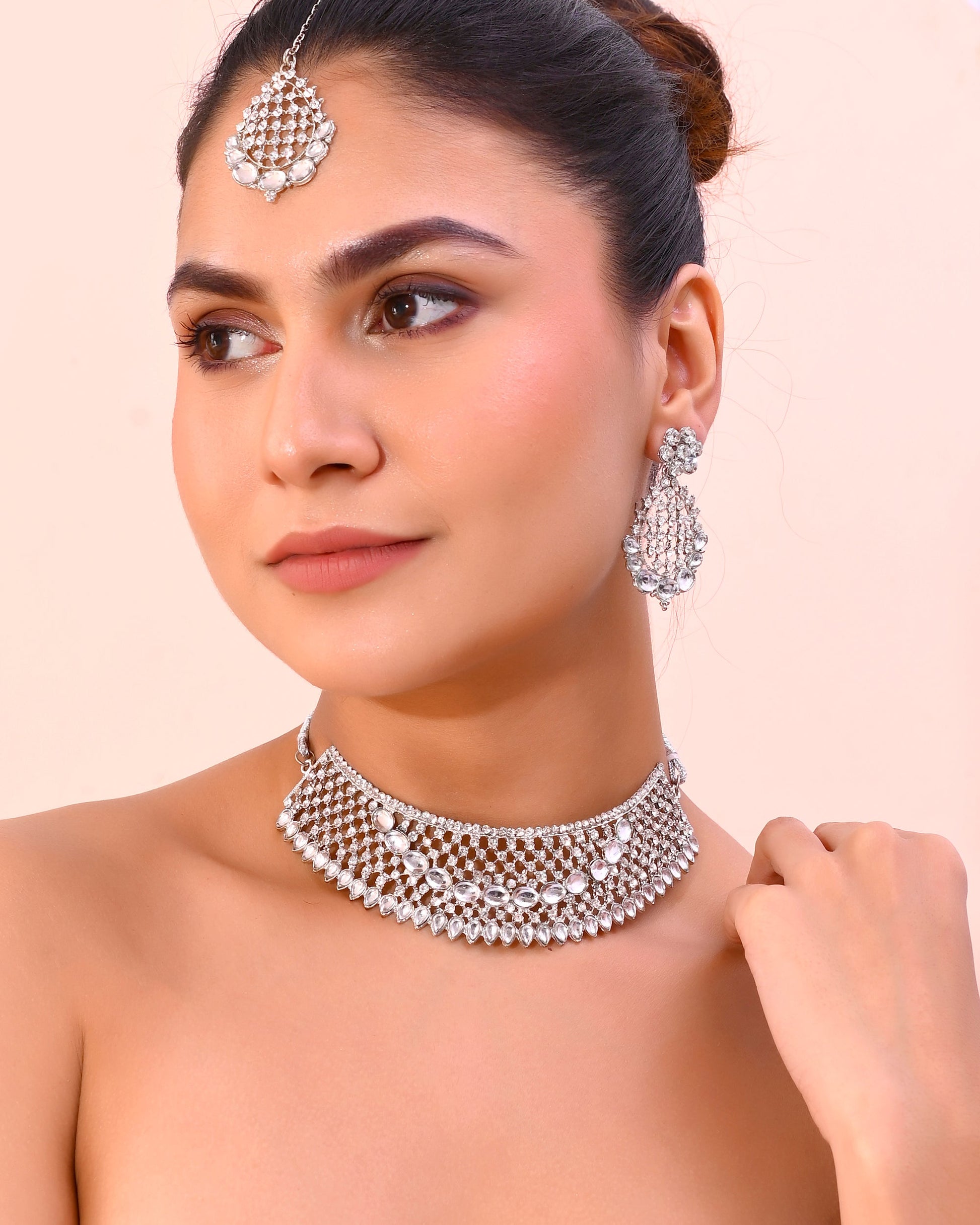 VOJ Silver Plated CZ-Stone Studded Choker Set With Mangtikka | Swadesiicart