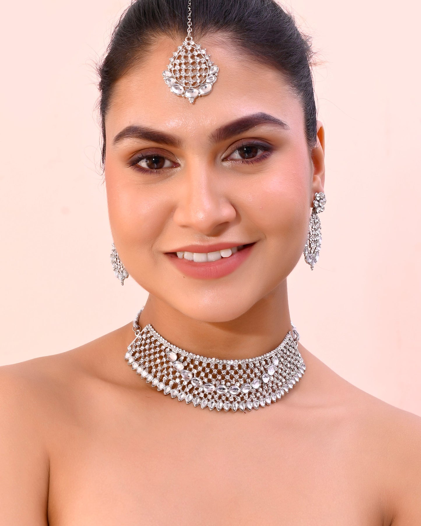 VOJ Silver Plated CZ-Stone Studded Choker Set With Mangtikka | Swadesiicart