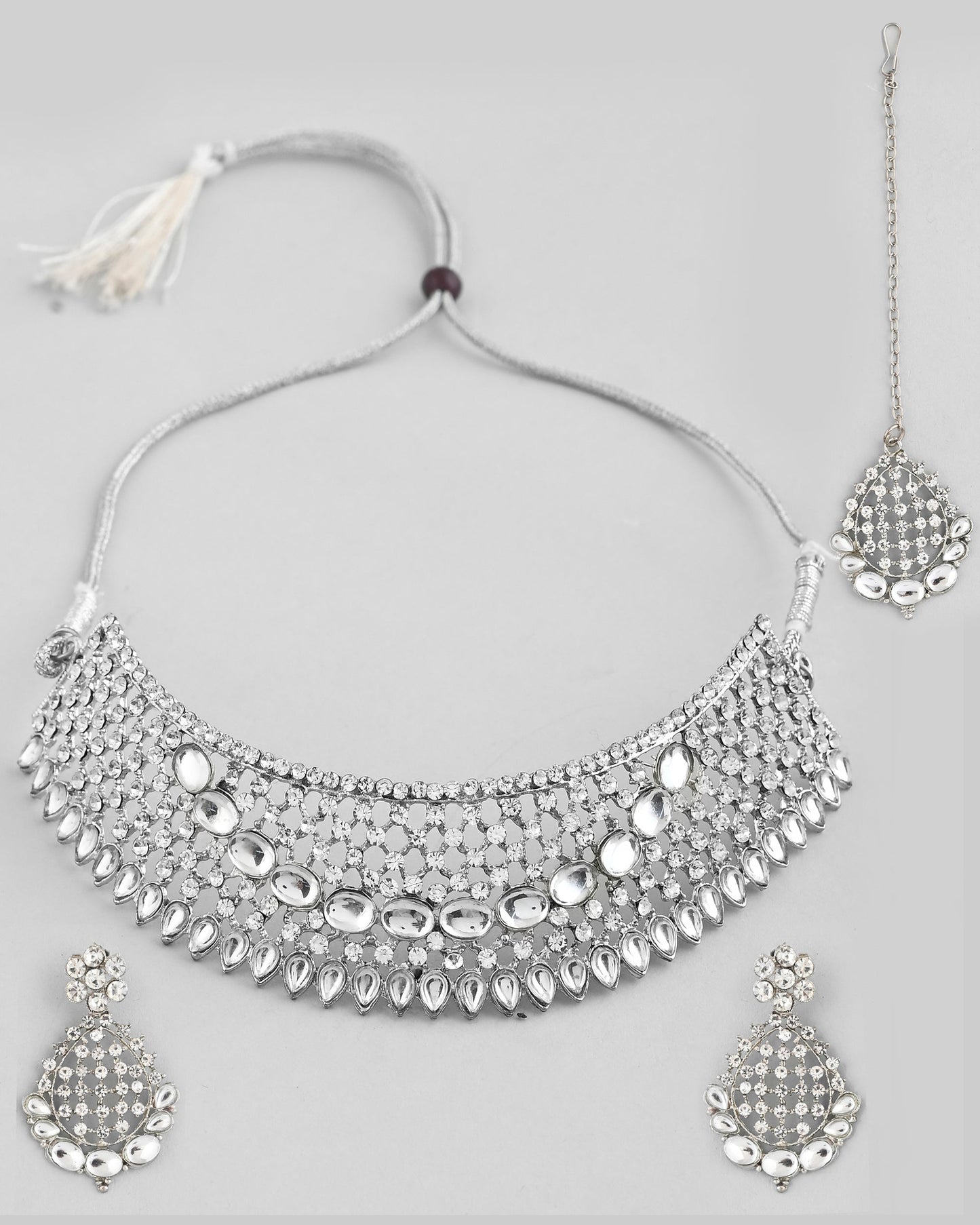 VOJ Silver Plated CZ-Stone Studded Choker Set With Mangtikka | Swadesiicart