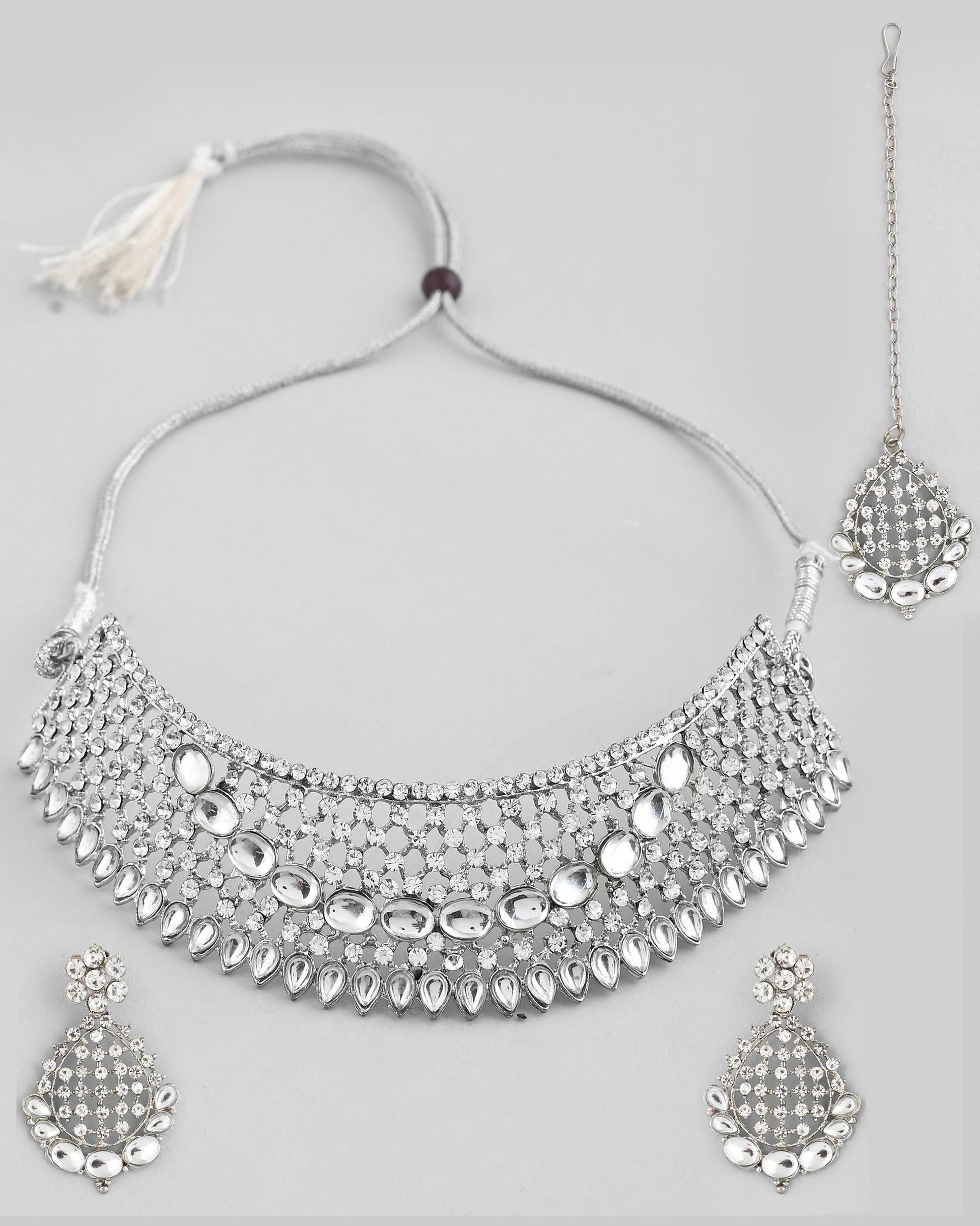 VOJ Silver Plated CZ-Stone Studded Choker Set With Mangtikka | Swadesiicart
