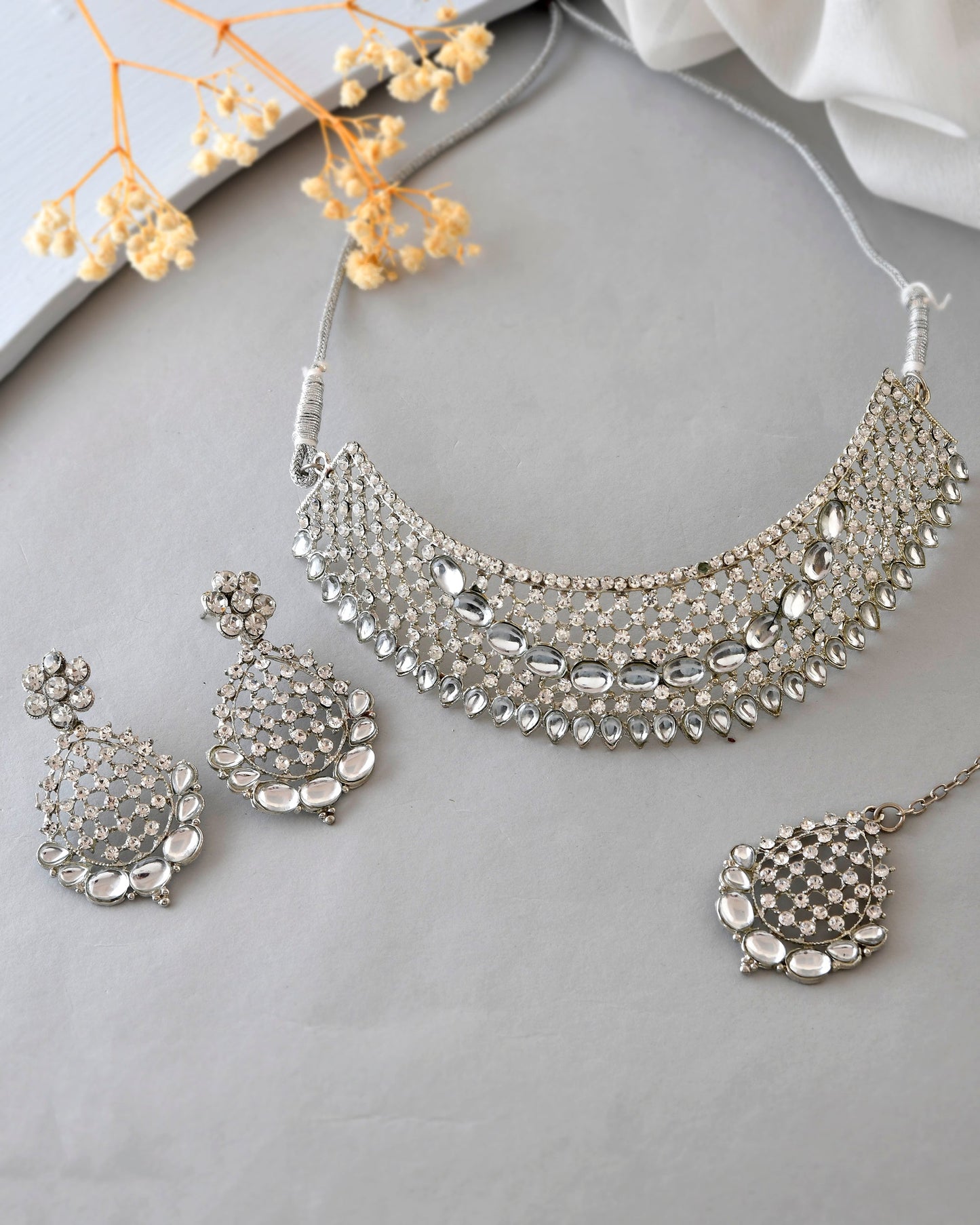 VOJ Silver Plated CZ-Stone Studded Choker Set With Mangtikka | Swadesiicart