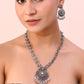 VOJ Silver Plated Floral Oxidized Long Necklace & Earrings - Swadesiicart