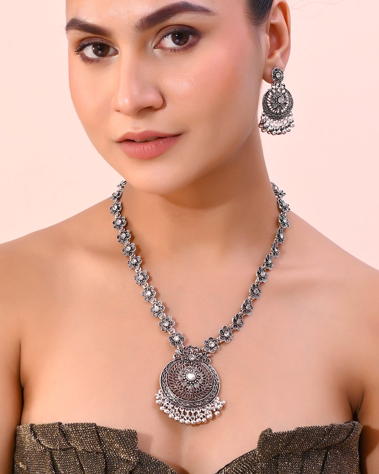 VOJ Silver Plated Floral Oxidized Long Necklace & Earrings - Swadesiicart