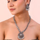VOJ Silver Plated Floral Oxidized Long Necklace & Earrings - Swadesiicart