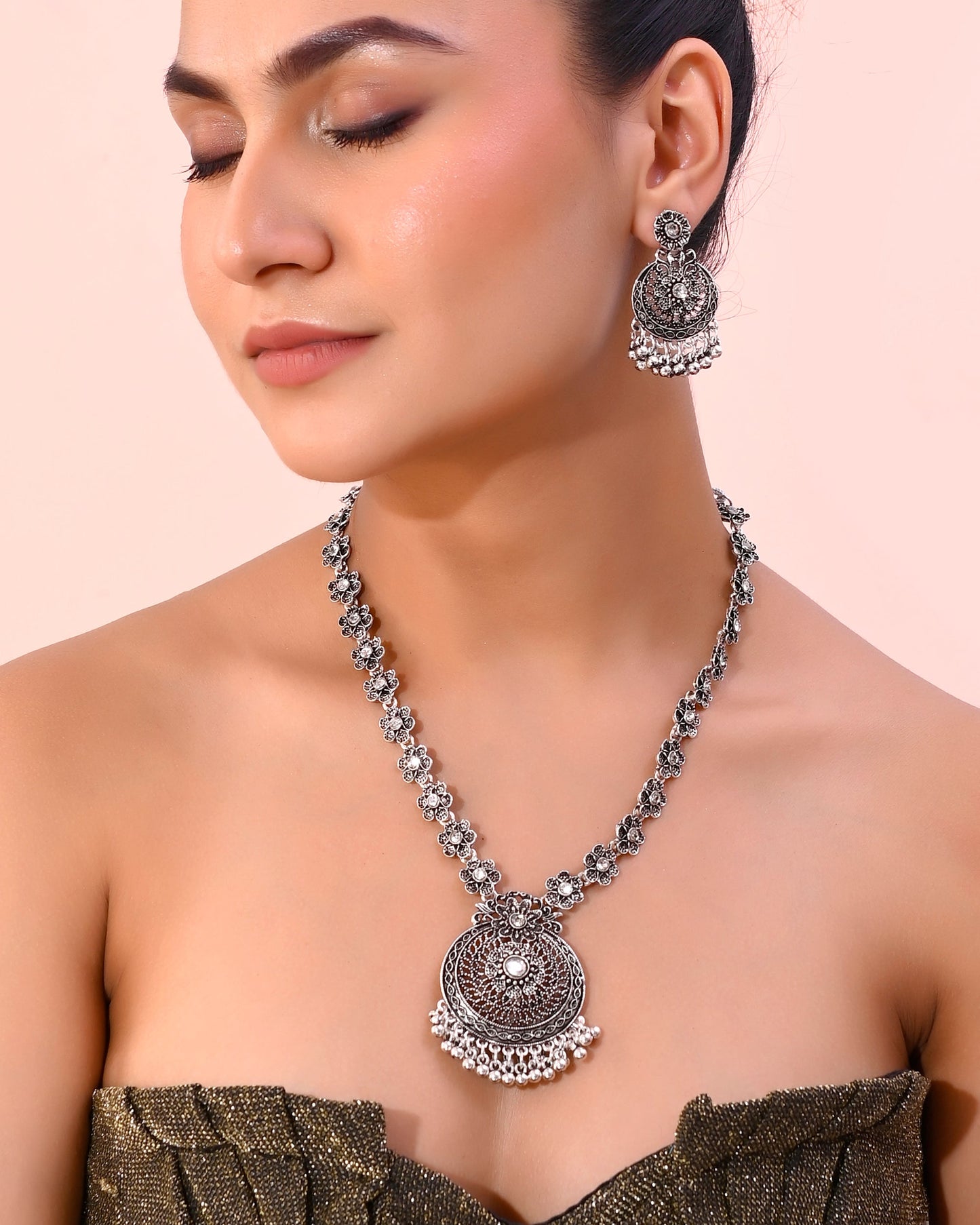 VOJ Silver Plated Floral Oxidized Long Necklace & Earrings - Swadesiicart