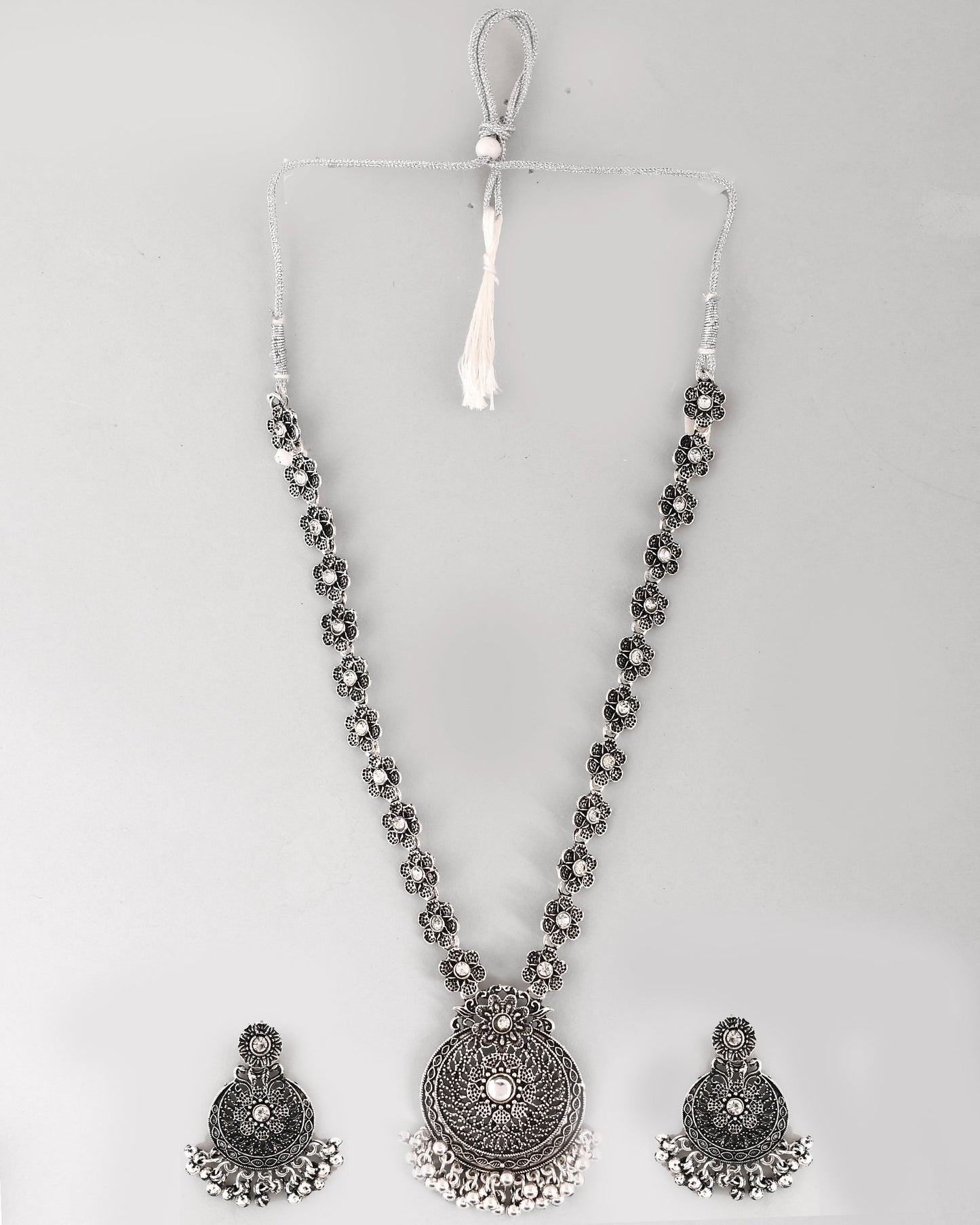 VOJ Silver Plated Floral Oxidized Long Necklace & Earrings - Swadesiicart