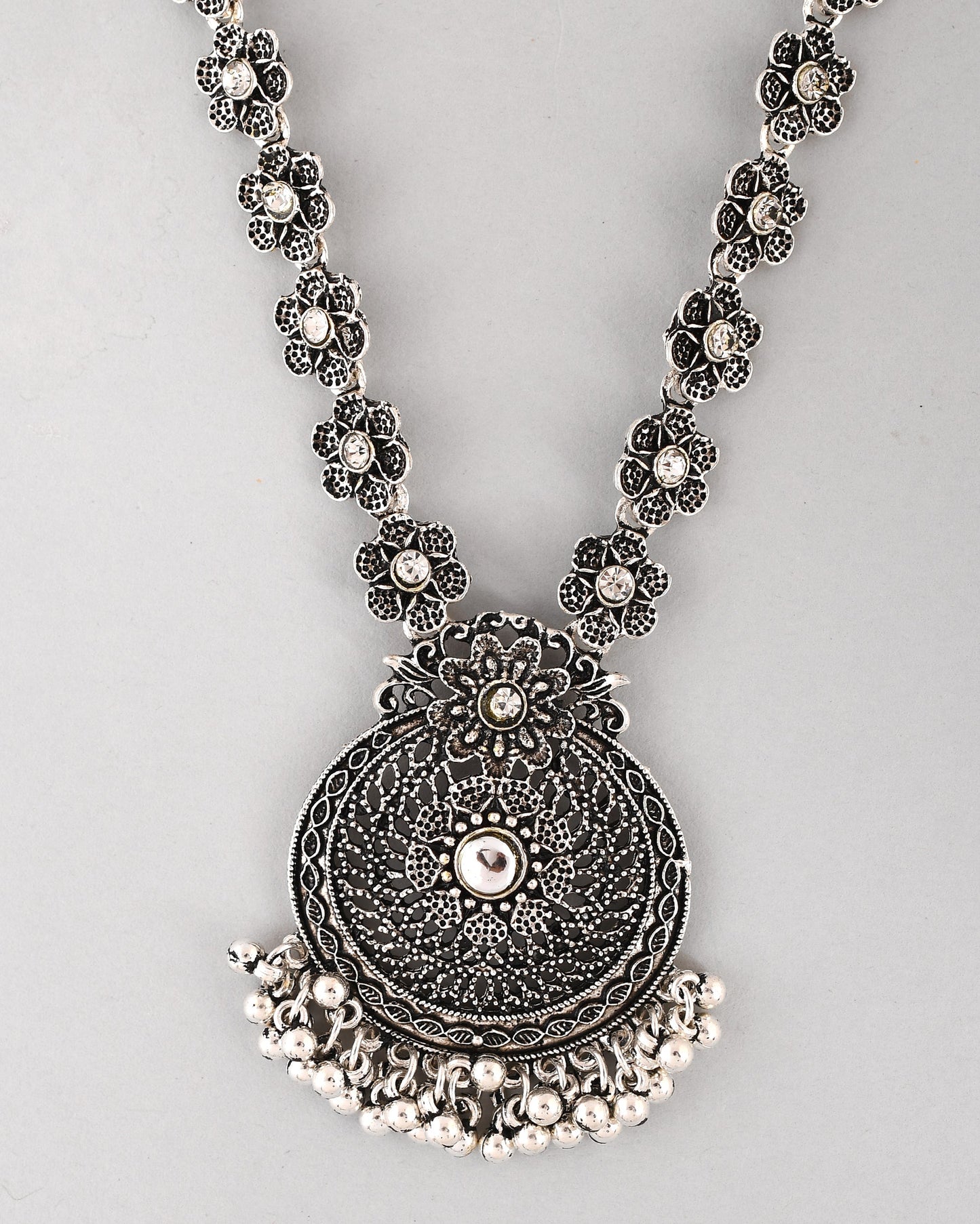 VOJ Silver Plated Floral Oxidized Long Necklace & Earrings - Swadesiicart