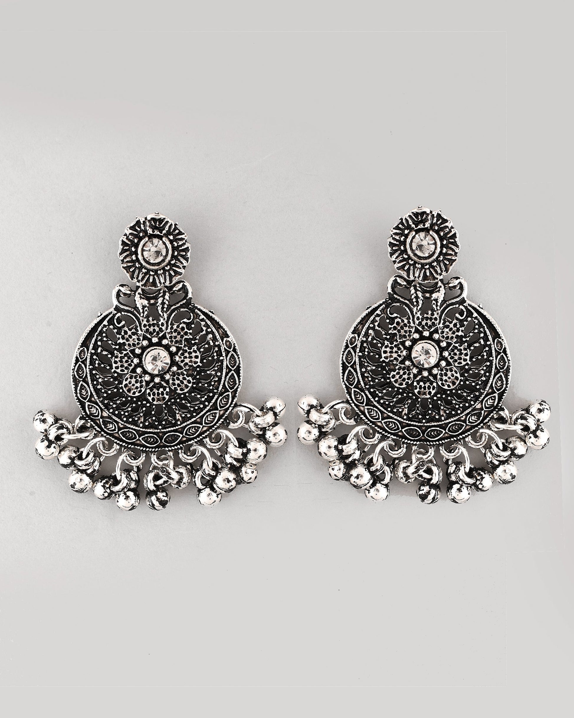 VOJ Silver Plated Floral Oxidized Long Necklace & Earrings - Swadesiicart