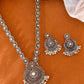 VOJ Silver Plated Floral Oxidized Long Necklace & Earrings - Swadesiicart