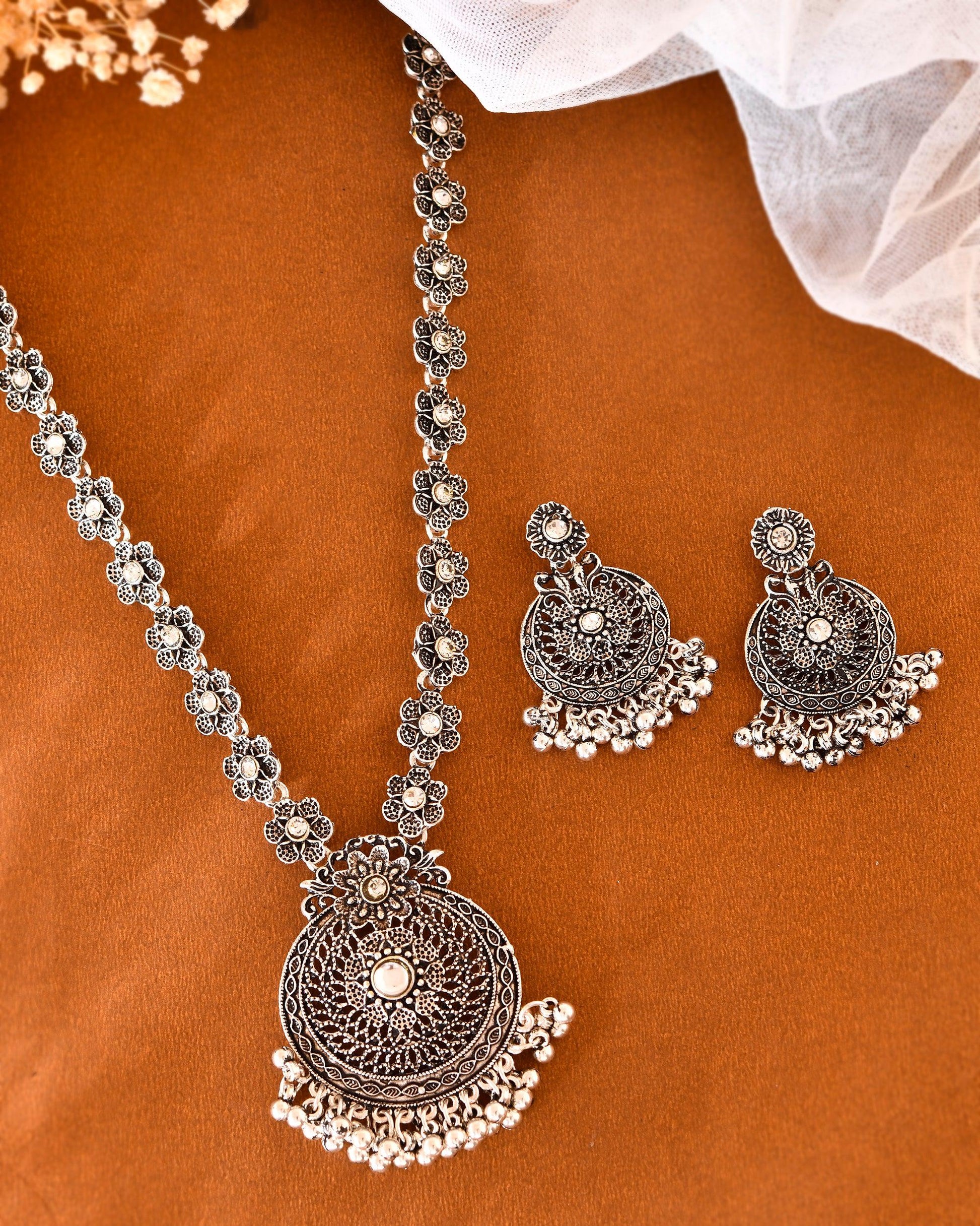 VOJ Silver Plated Floral Oxidized Long Necklace & Earrings - Swadesiicart