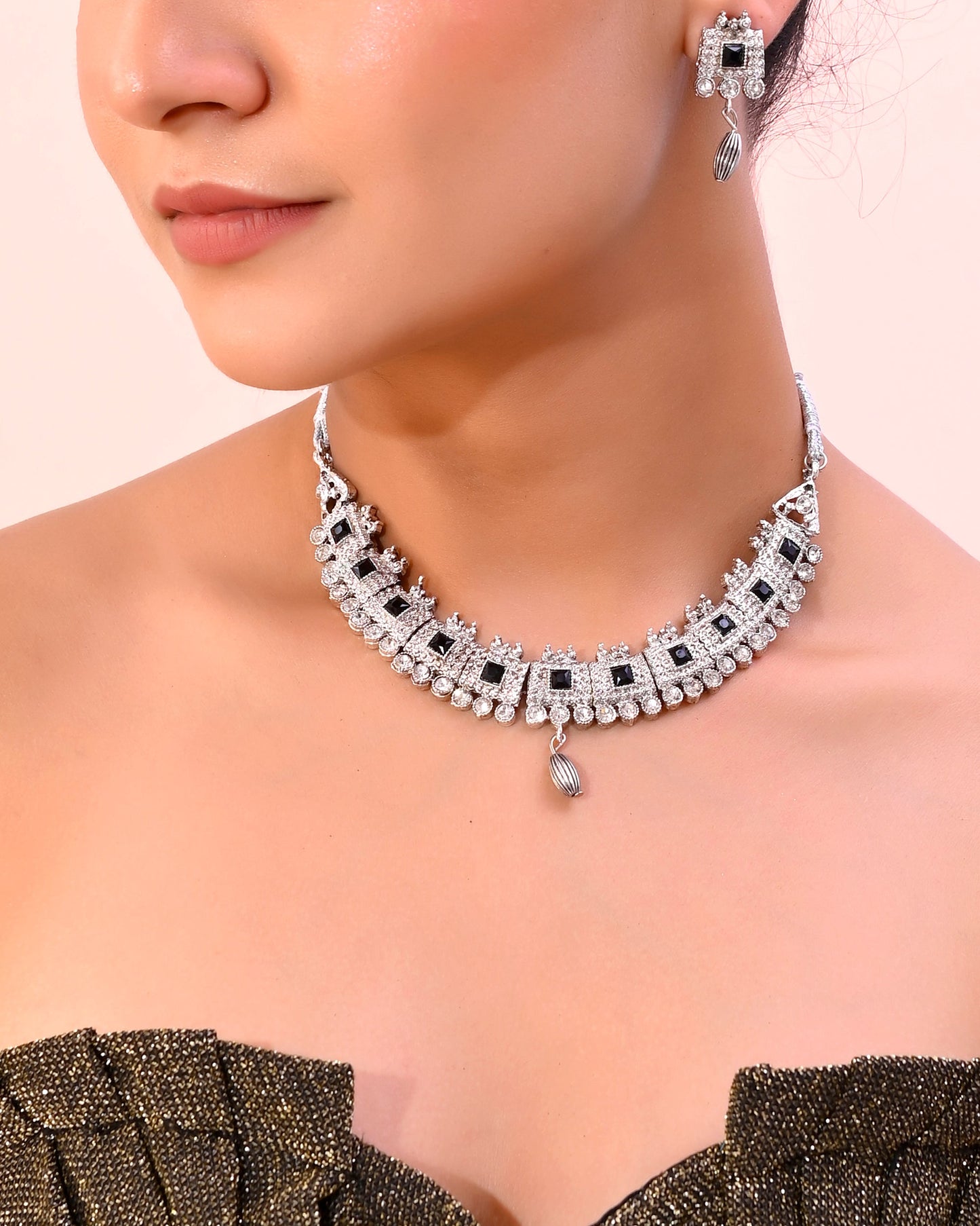 VOJ Silver Plated Black Stone Studded Oxidized Jewellery Set - Swadesiicart