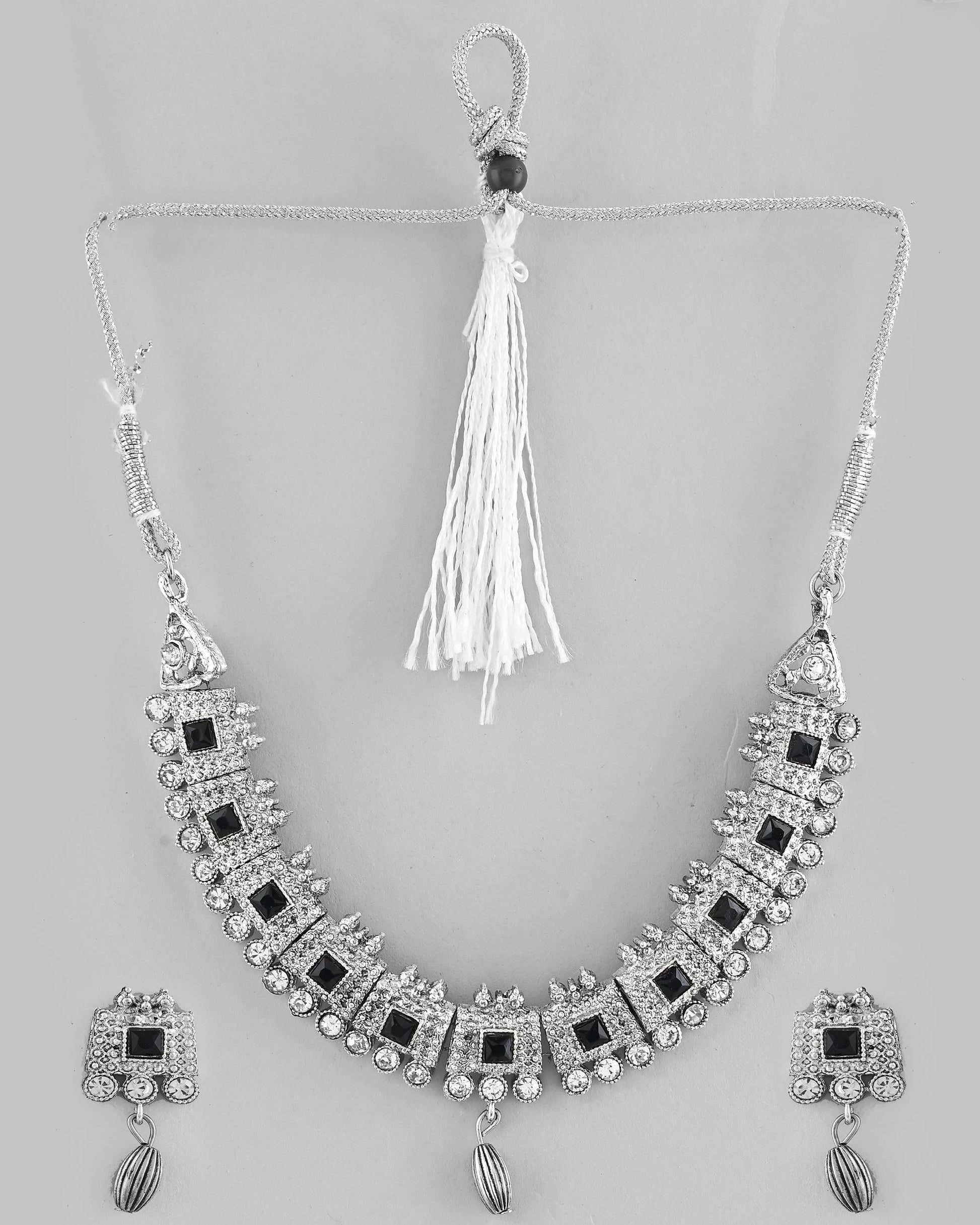 VOJ Silver Plated Black Stone Studded Oxidized Jewellery Set - Swadesiicart