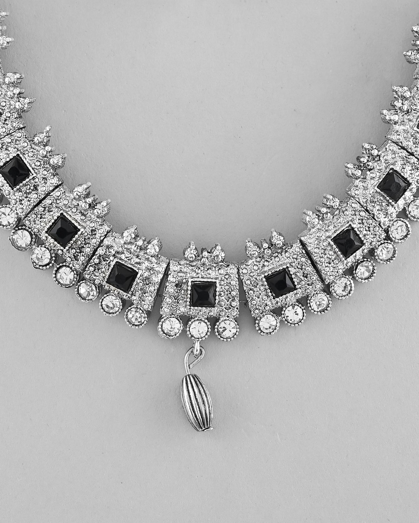 VOJ Silver Plated Black Stone Studded Oxidized Jewellery Set - Swadesiicart